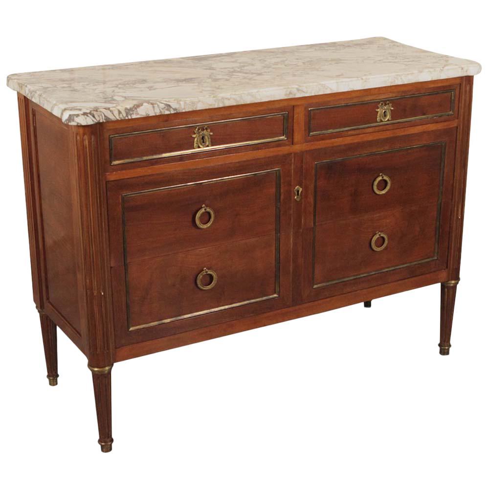 French Marble Top Mahogany Brass Inlaid Console/Cabinet 