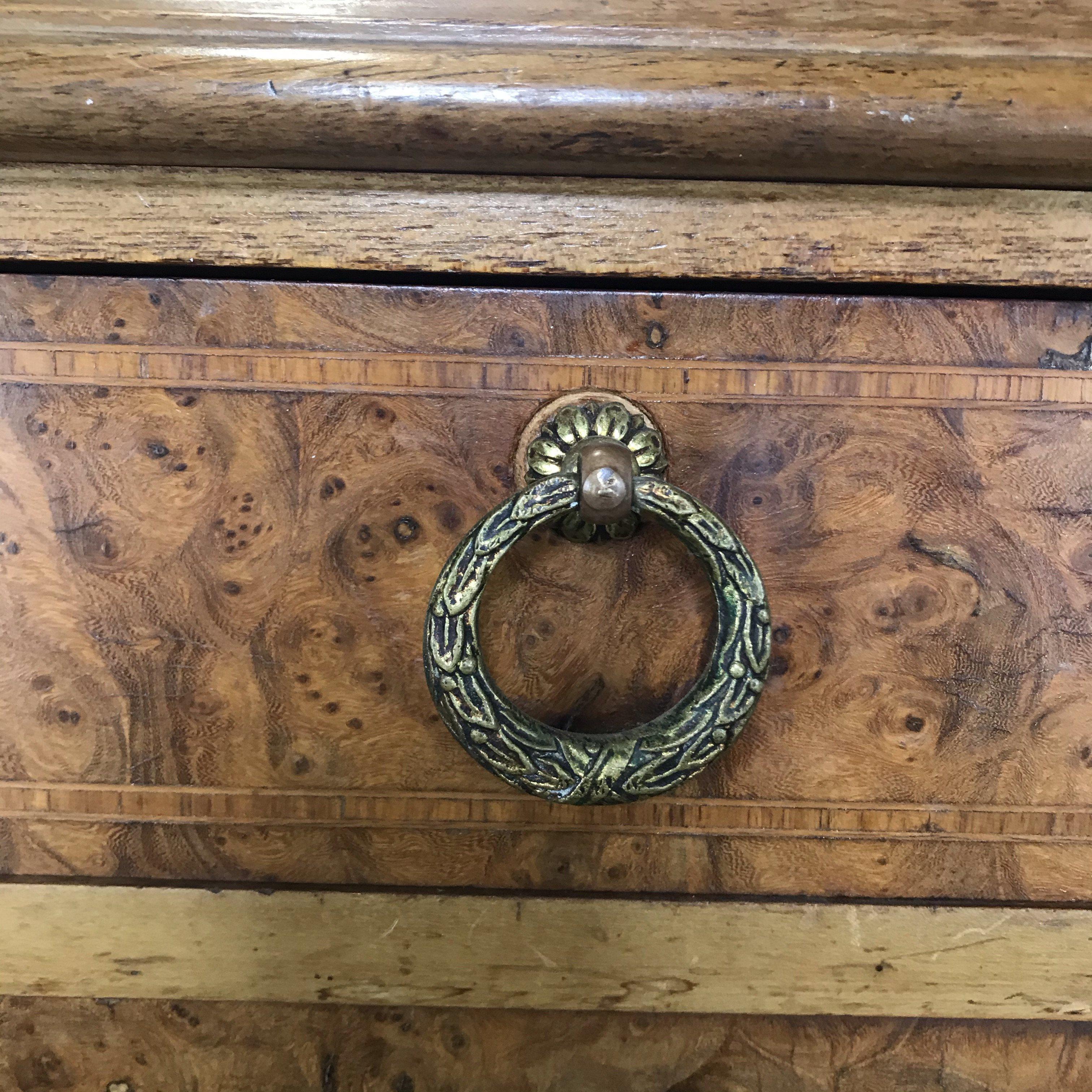 French Marble Top Nightstand with Walnut Inlay and Bronze Pulls For Sale 8