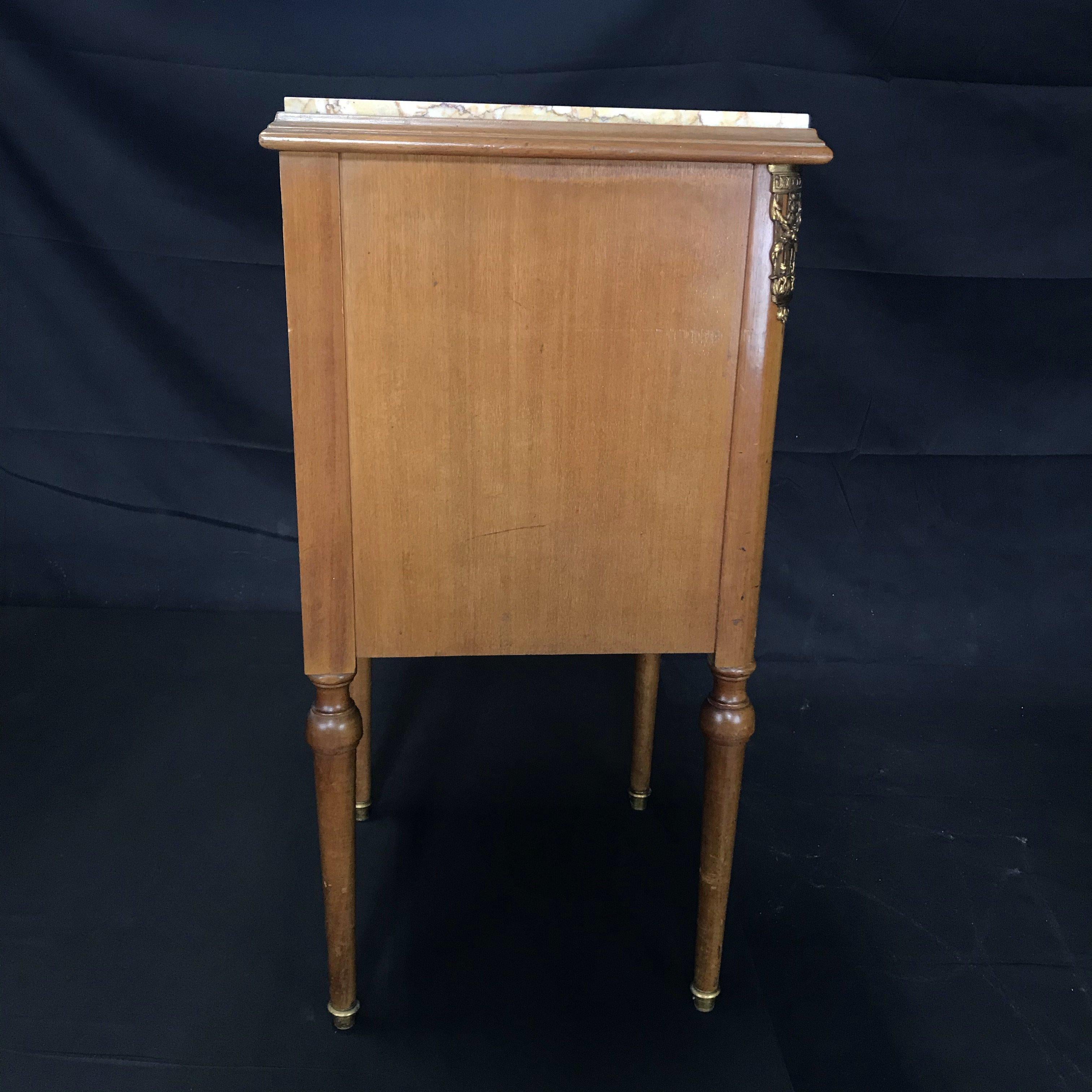 French Marble Top Nightstand with Walnut Inlay and Bronze Pulls For Sale 9