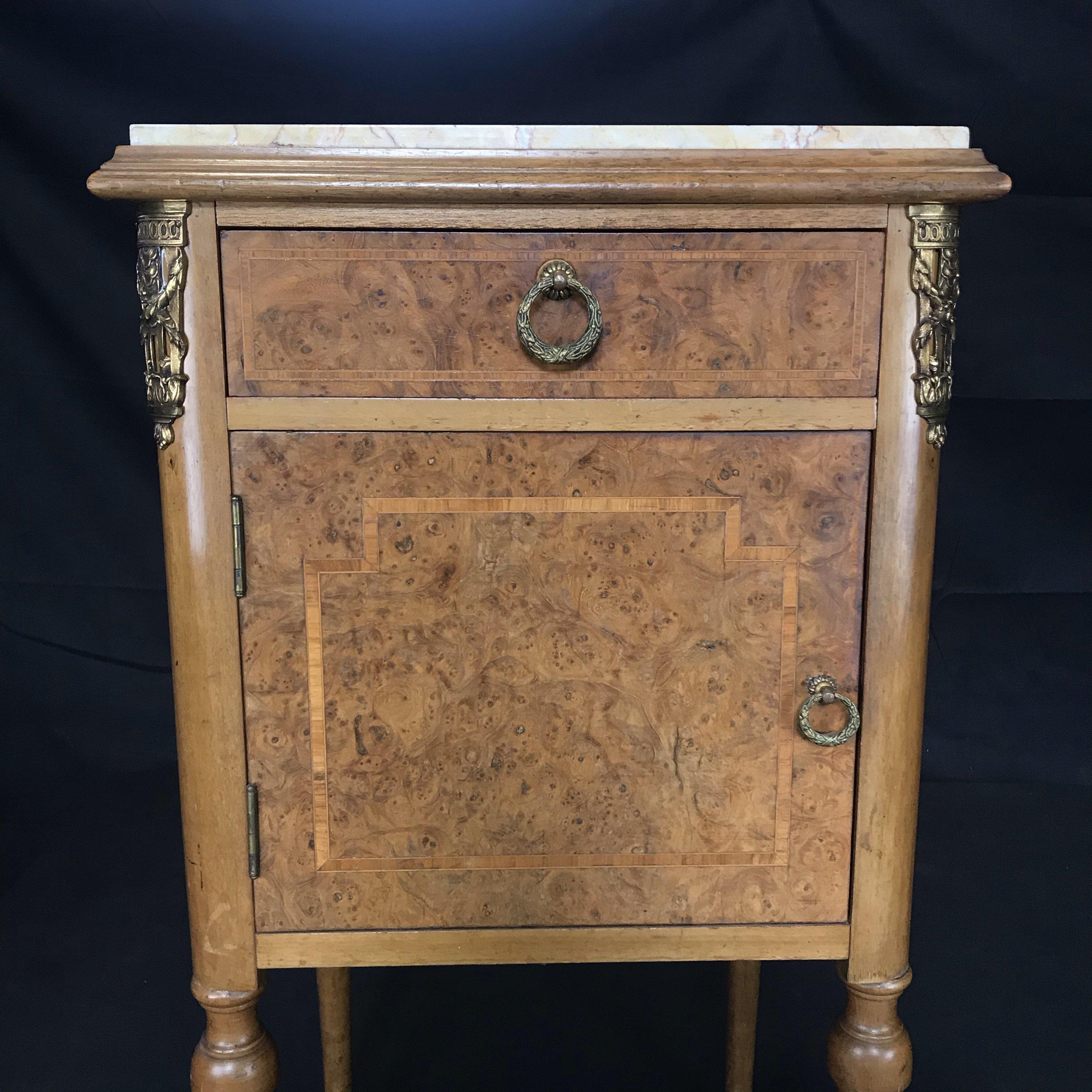 19th Century French Marble Top Nightstand with Walnut Inlay and Bronze Pulls For Sale