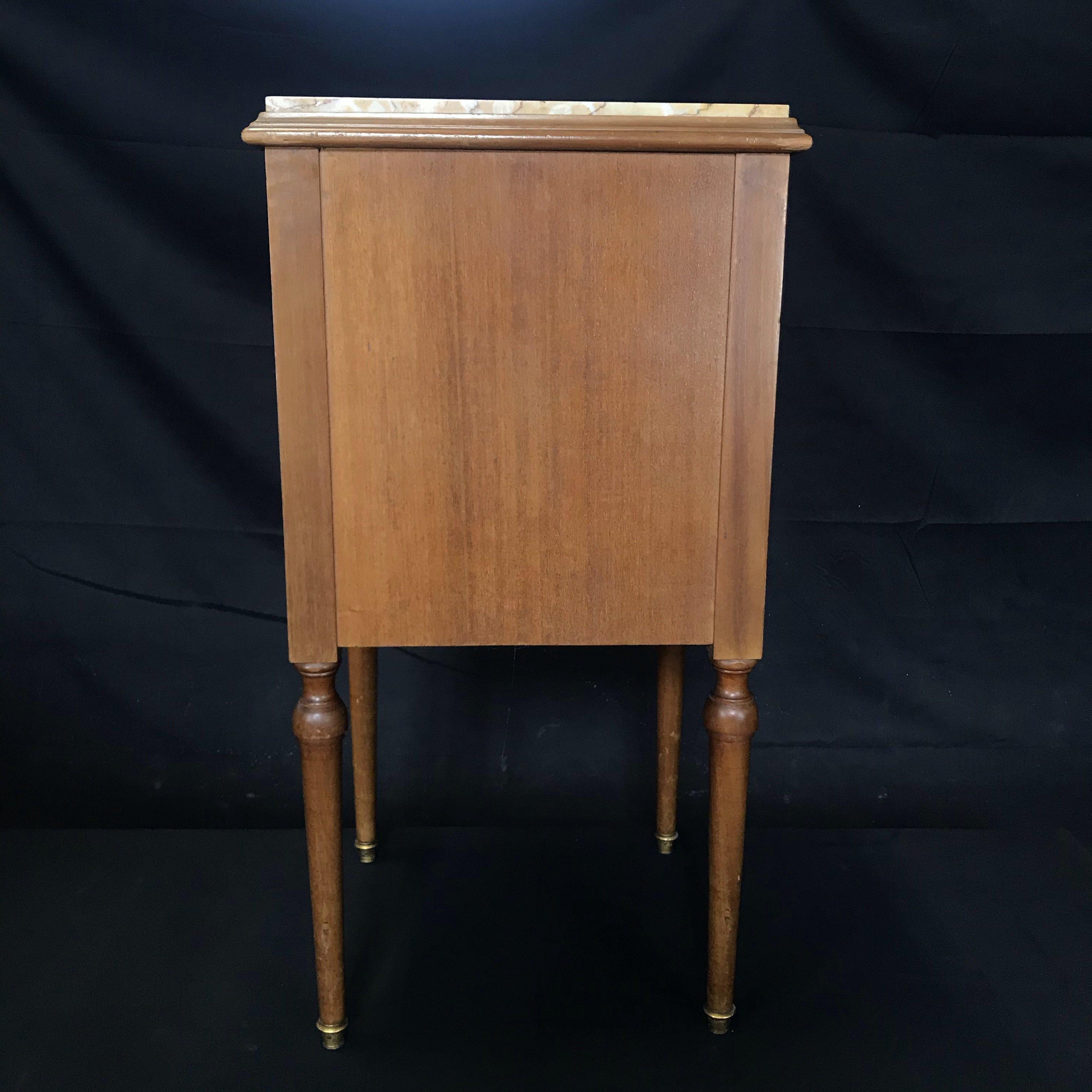 French Marble Top Nightstand with Walnut Inlay and Bronze Pulls For Sale 4