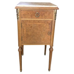 French Marble Top Nightstand with Walnut Inlay and Bronze Pulls