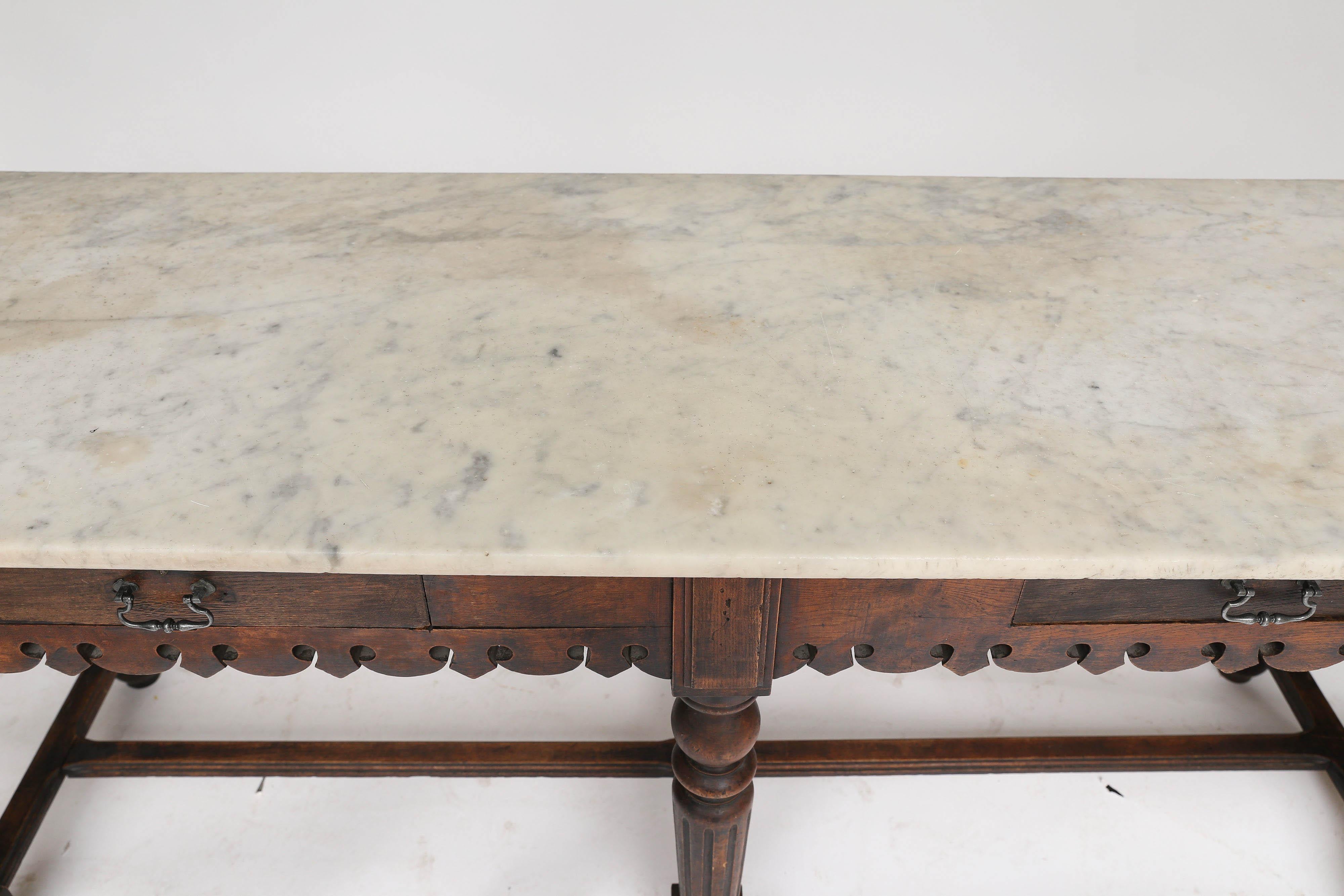 French Marble-Top Oak Butcher Table 3