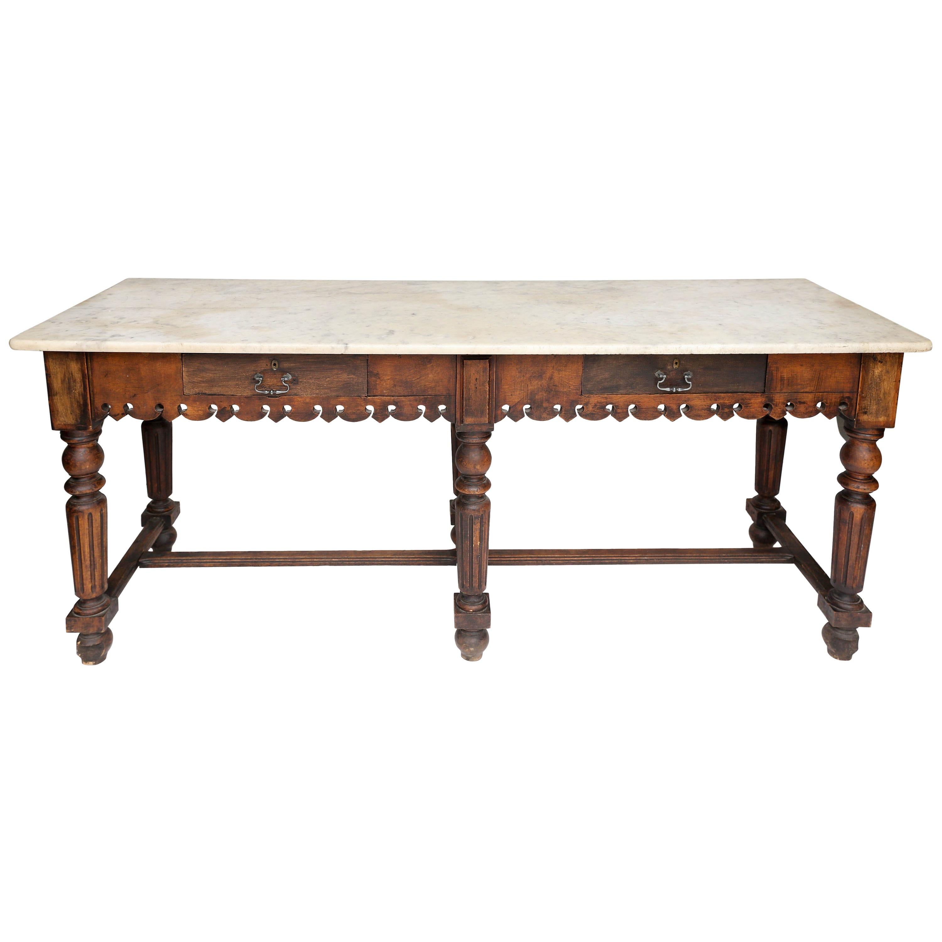 French Marble-Top Oak Butcher Table