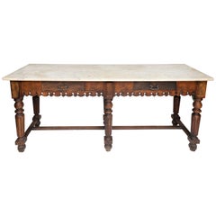 Antique French Marble-Top Oak Butcher Table