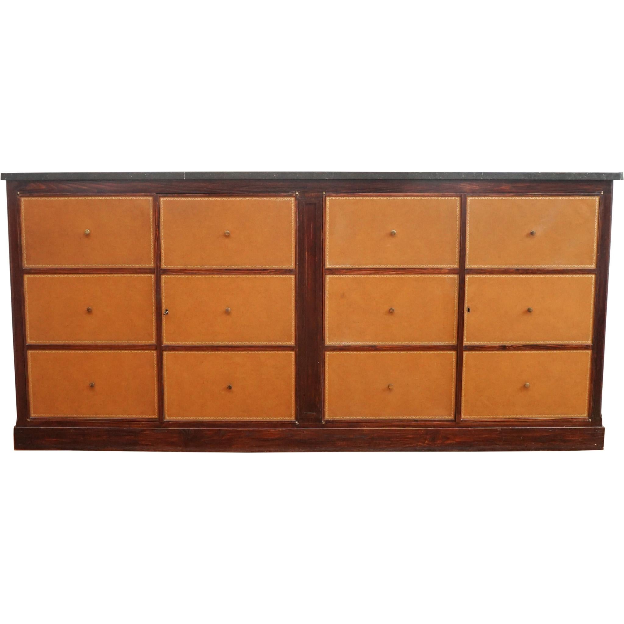 Mid-Century Modern French Marble Top Office Credenza with Tooled Leather Facing