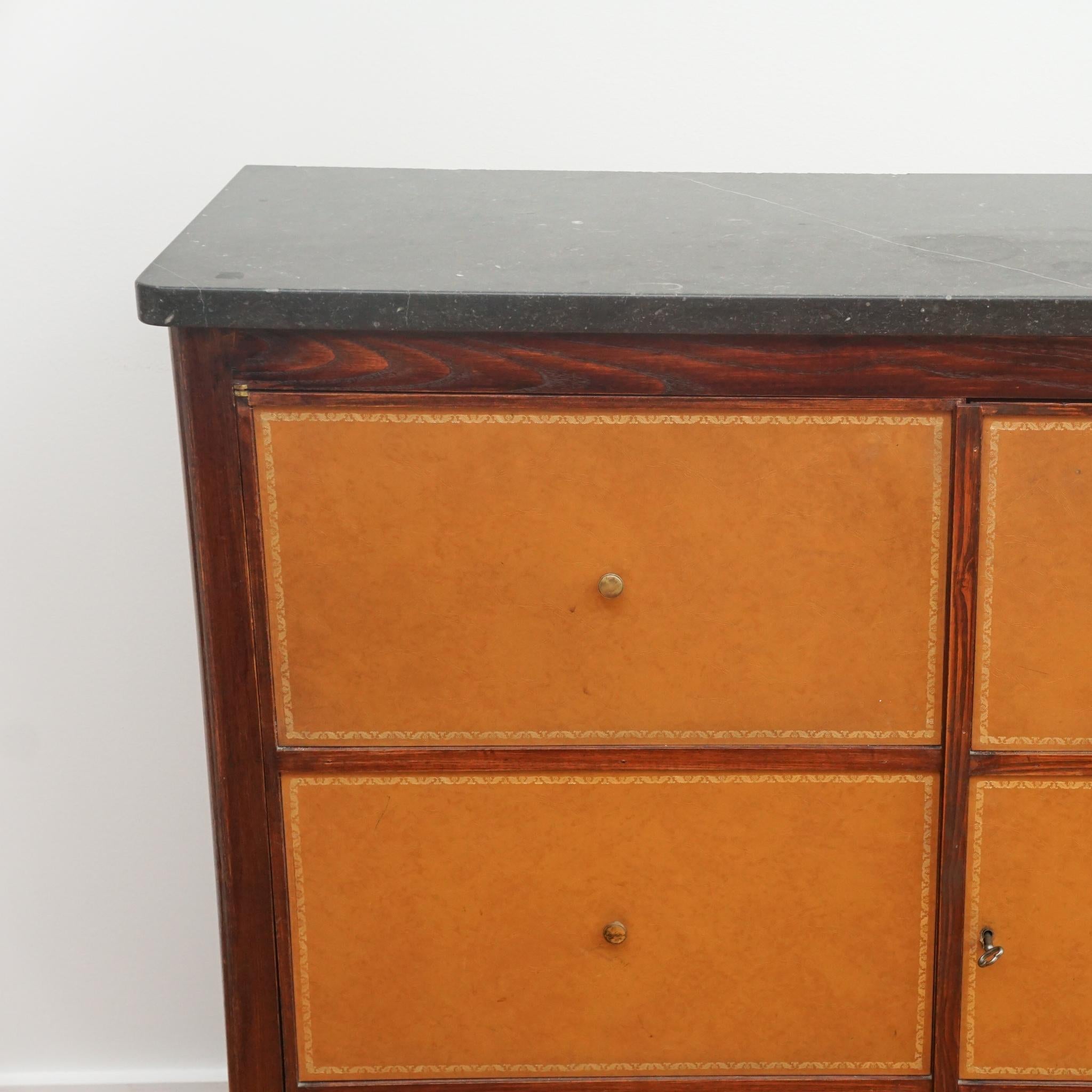 Machine-Made French Marble Top Office Credenza with Tooled Leather Facing