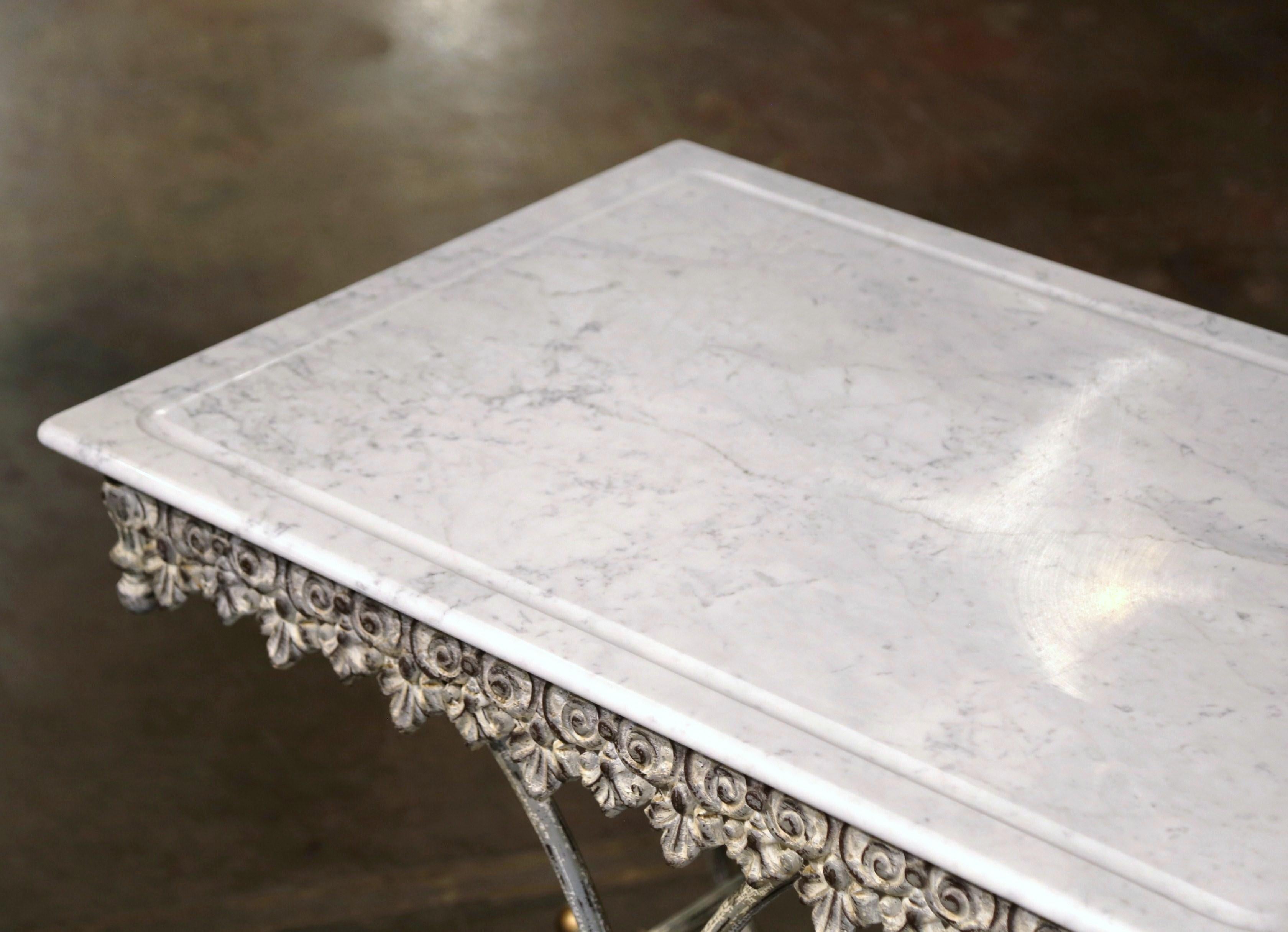 French Marble Top Painted Iron and Brass Pastry or Butcher Table  In Excellent Condition For Sale In Dallas, TX