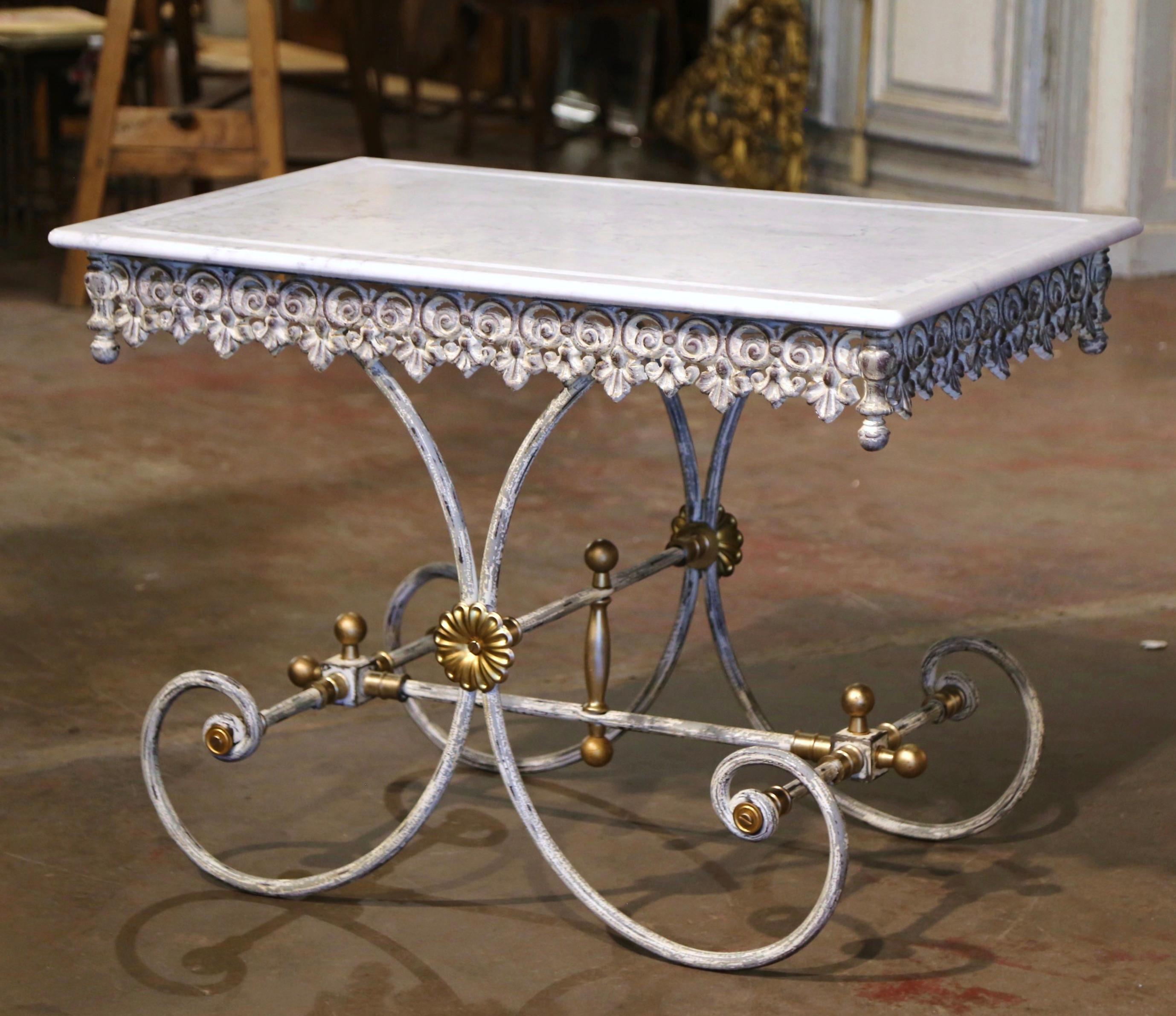 French Marble Top Painted Iron and Brass Pastry or Butcher Table  For Sale 1