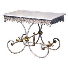 French Marble Top Painted Iron and Brass Pastry or Butcher Table