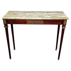  French Marble Top Petite Mahogany Console with Bronze Jabot Accents