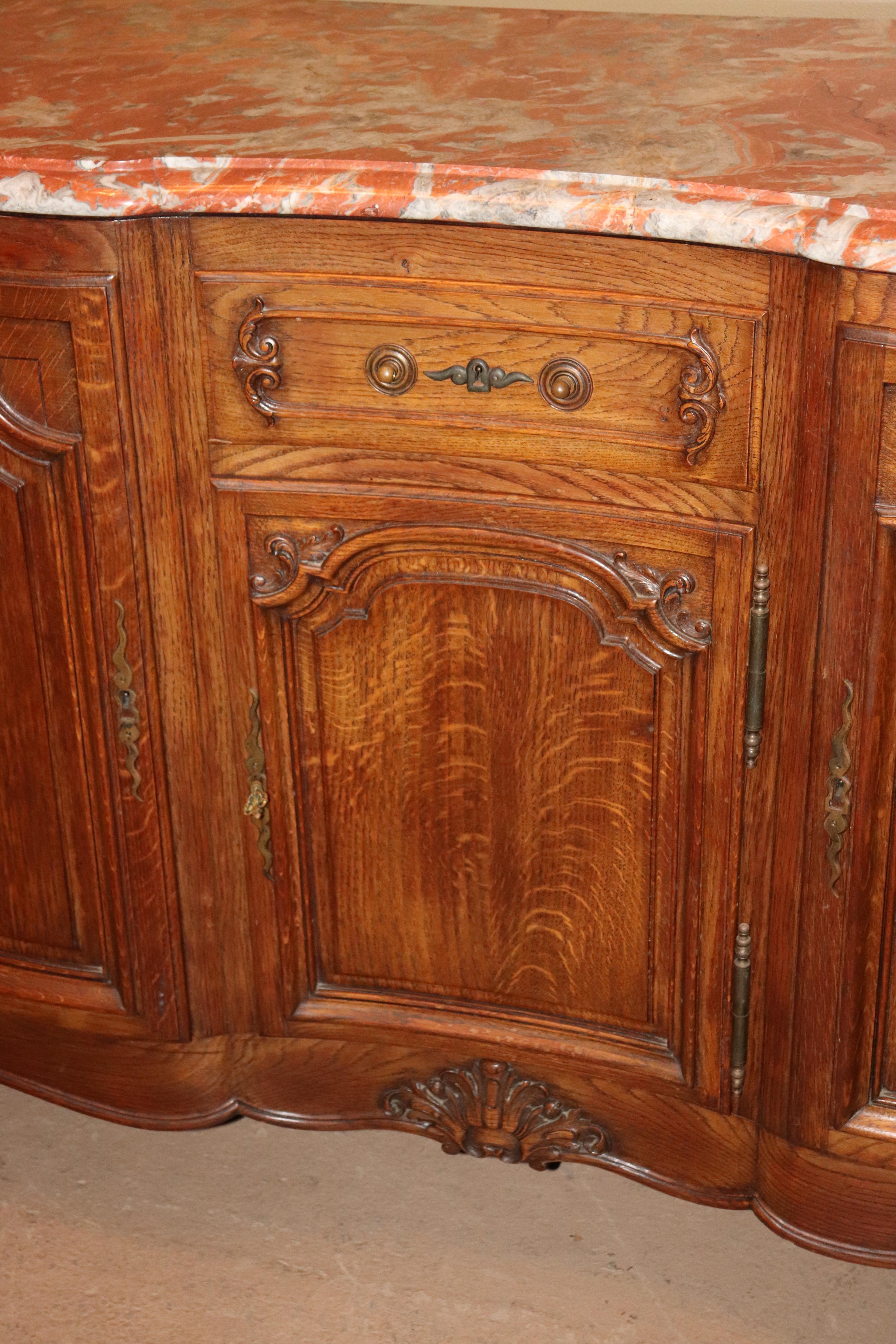 Marble Top Quarter Sawn Tiger Oak Louis XV Sideboard Buffet Server, circa 1930 3