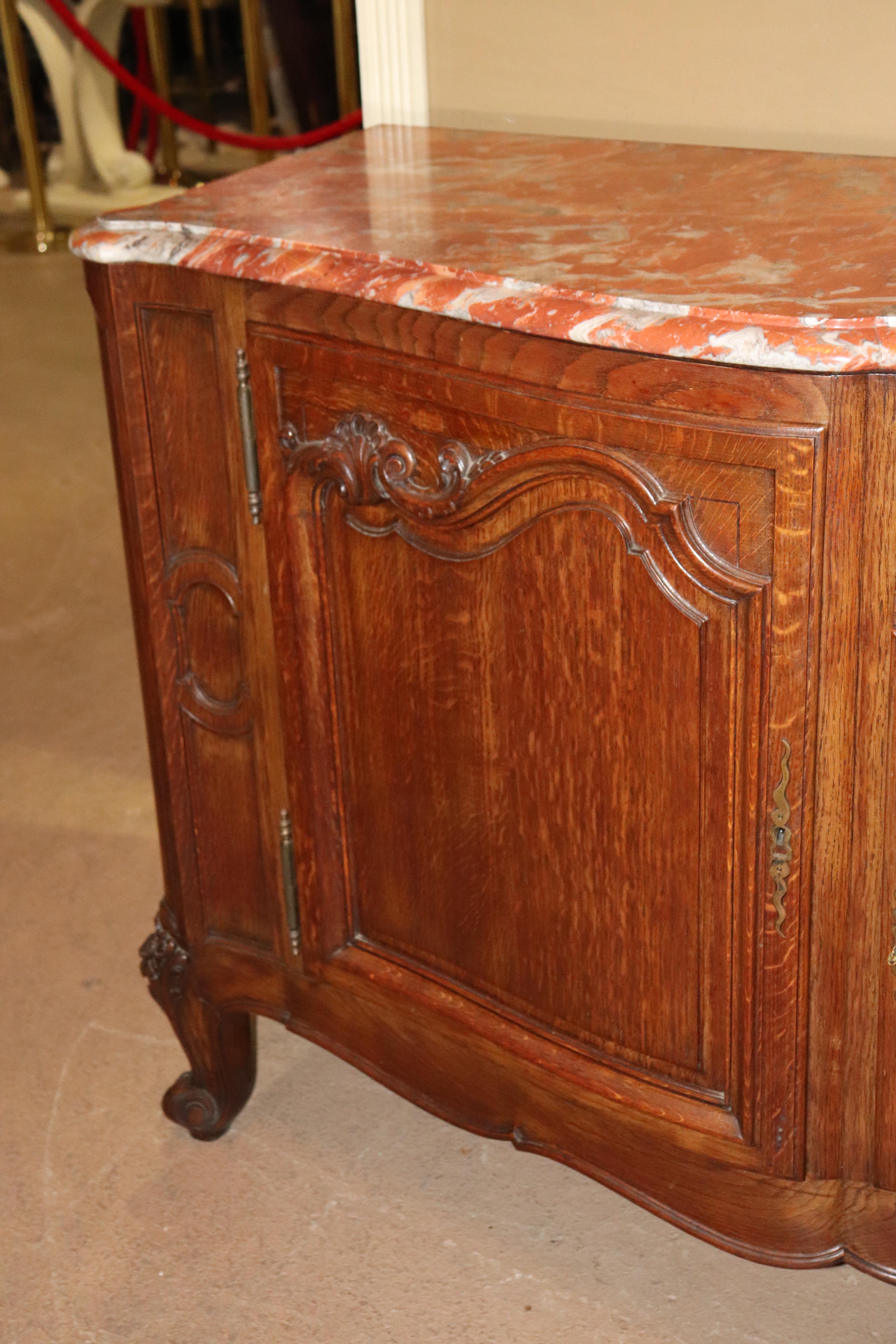 Marble Top Quarter Sawn Tiger Oak Louis XV Sideboard Buffet Server, circa 1930 4