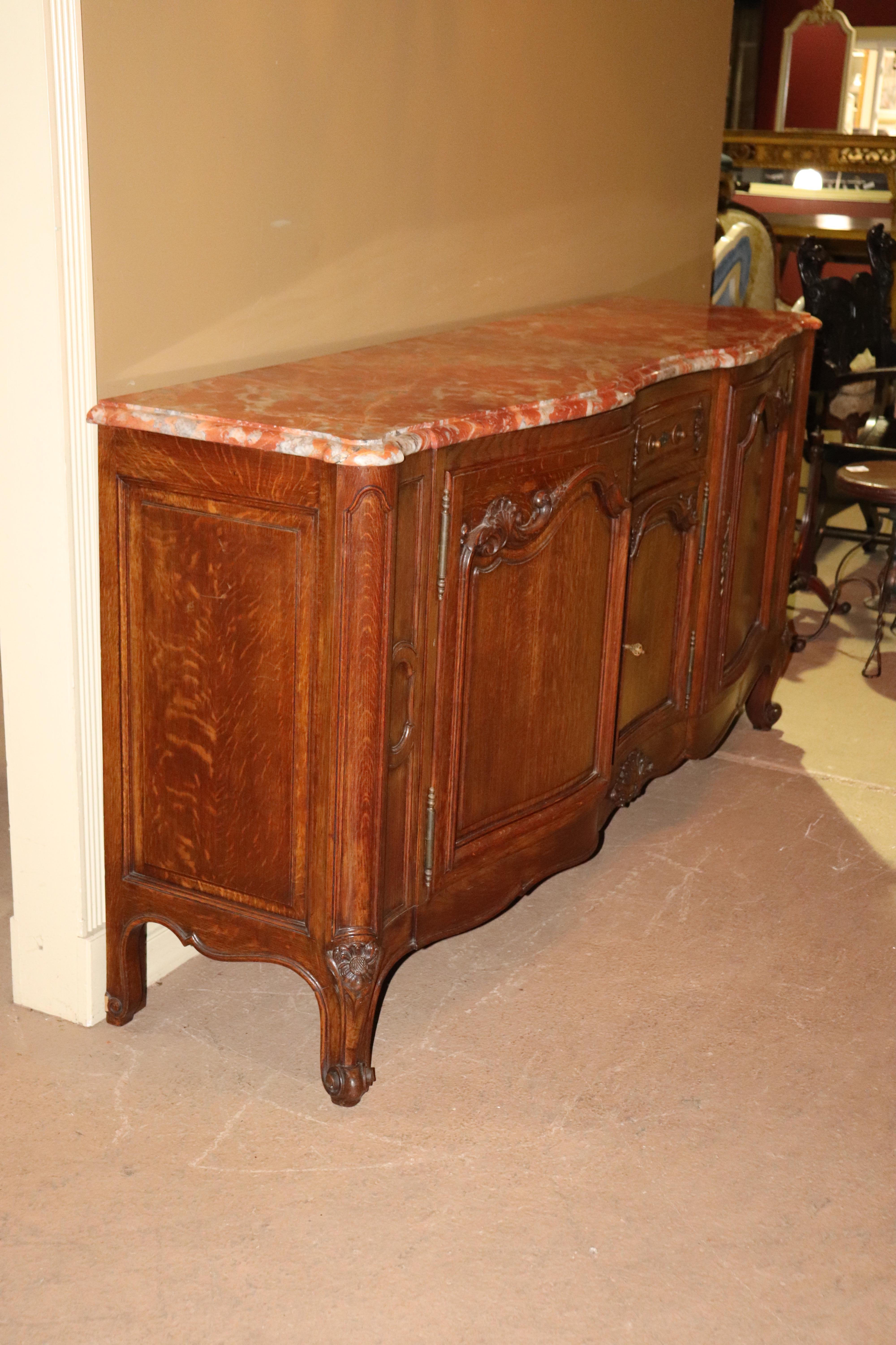 French Marble Top Quarter Sawn Tiger Oak Louis XV Sideboard Buffet Server, circa 1930