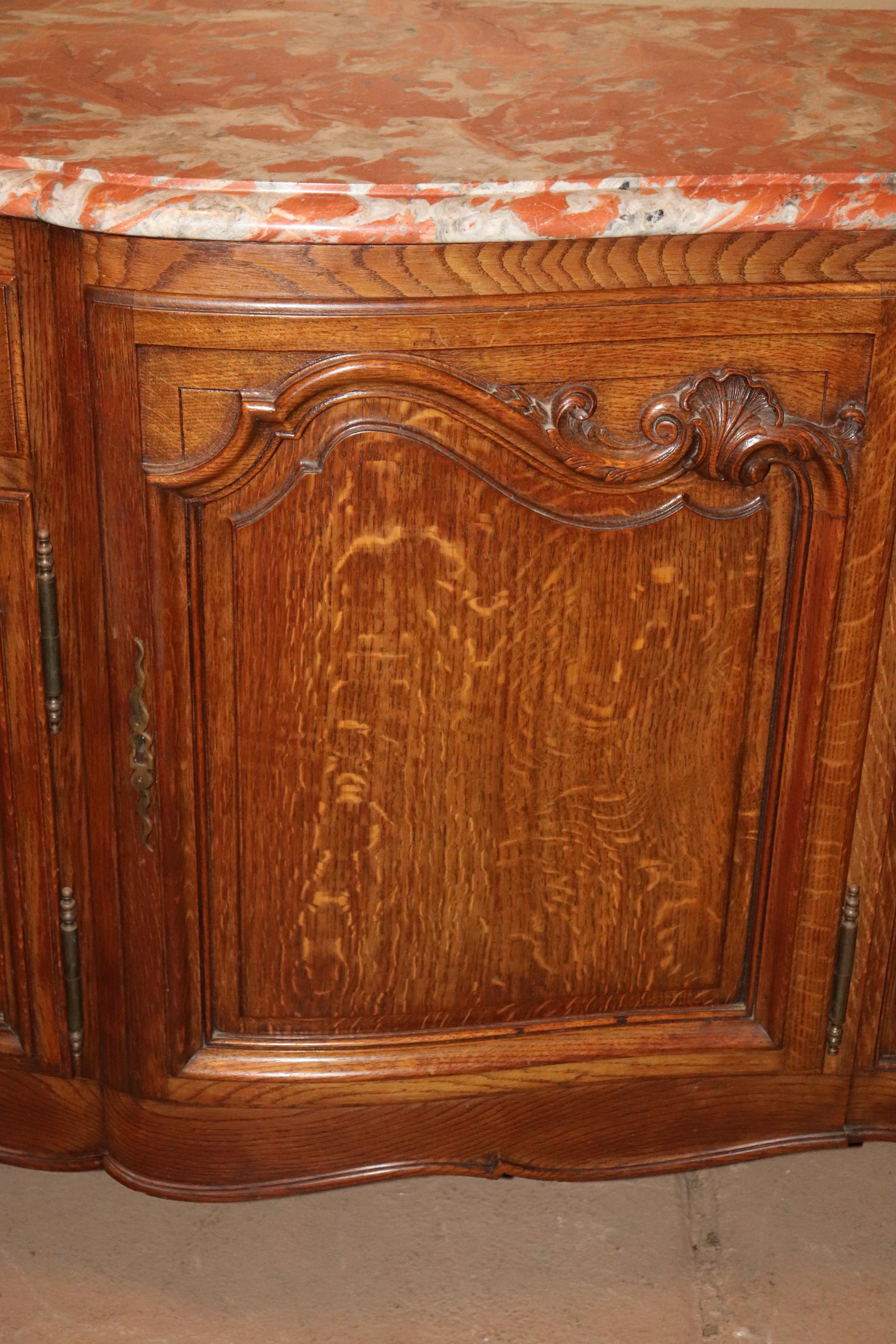 Marble Top Quarter Sawn Tiger Oak Louis XV Sideboard Buffet Server, circa 1930 2