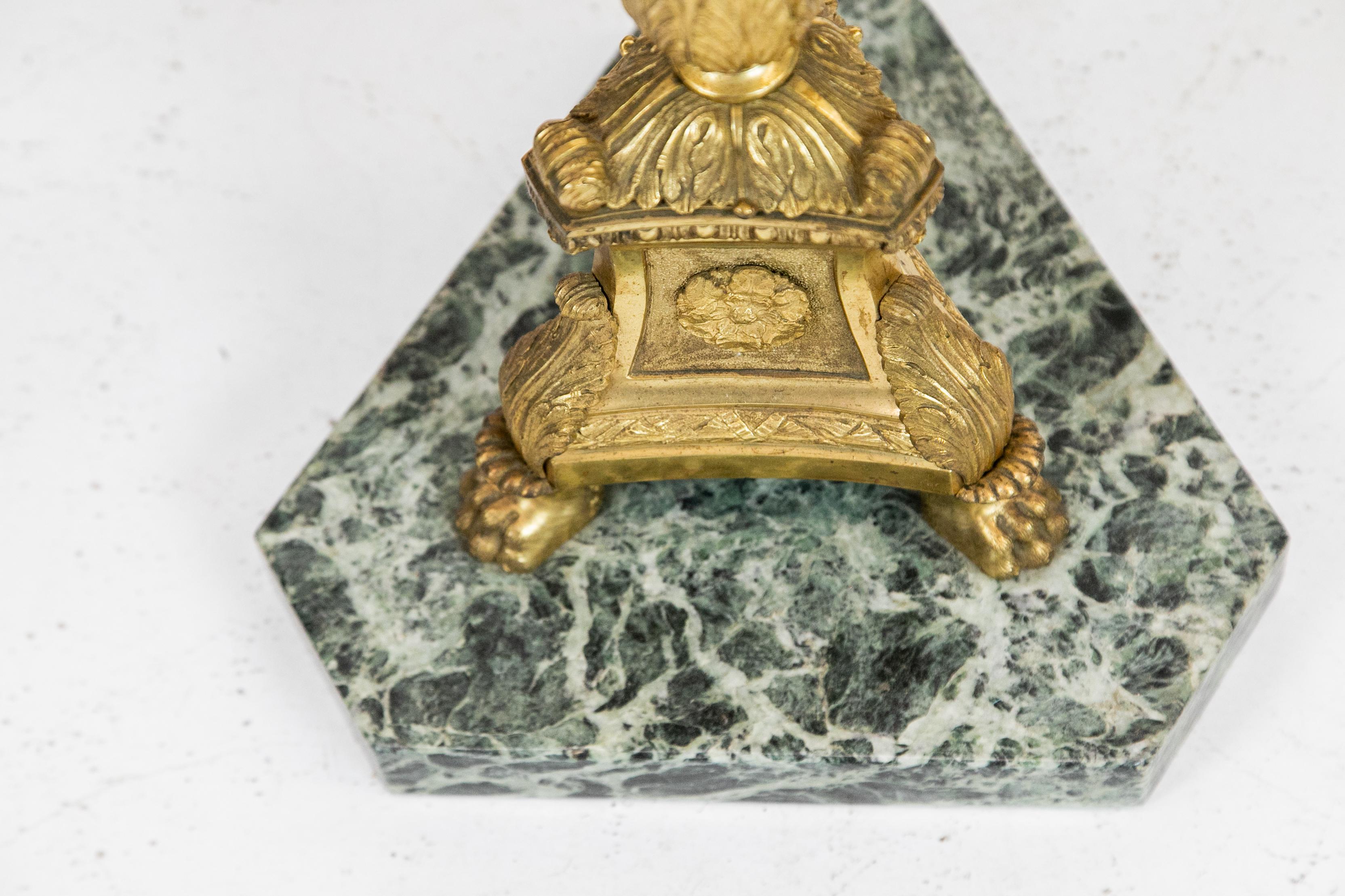 French marble-top table, with ormolu stem on a Verde marble base.