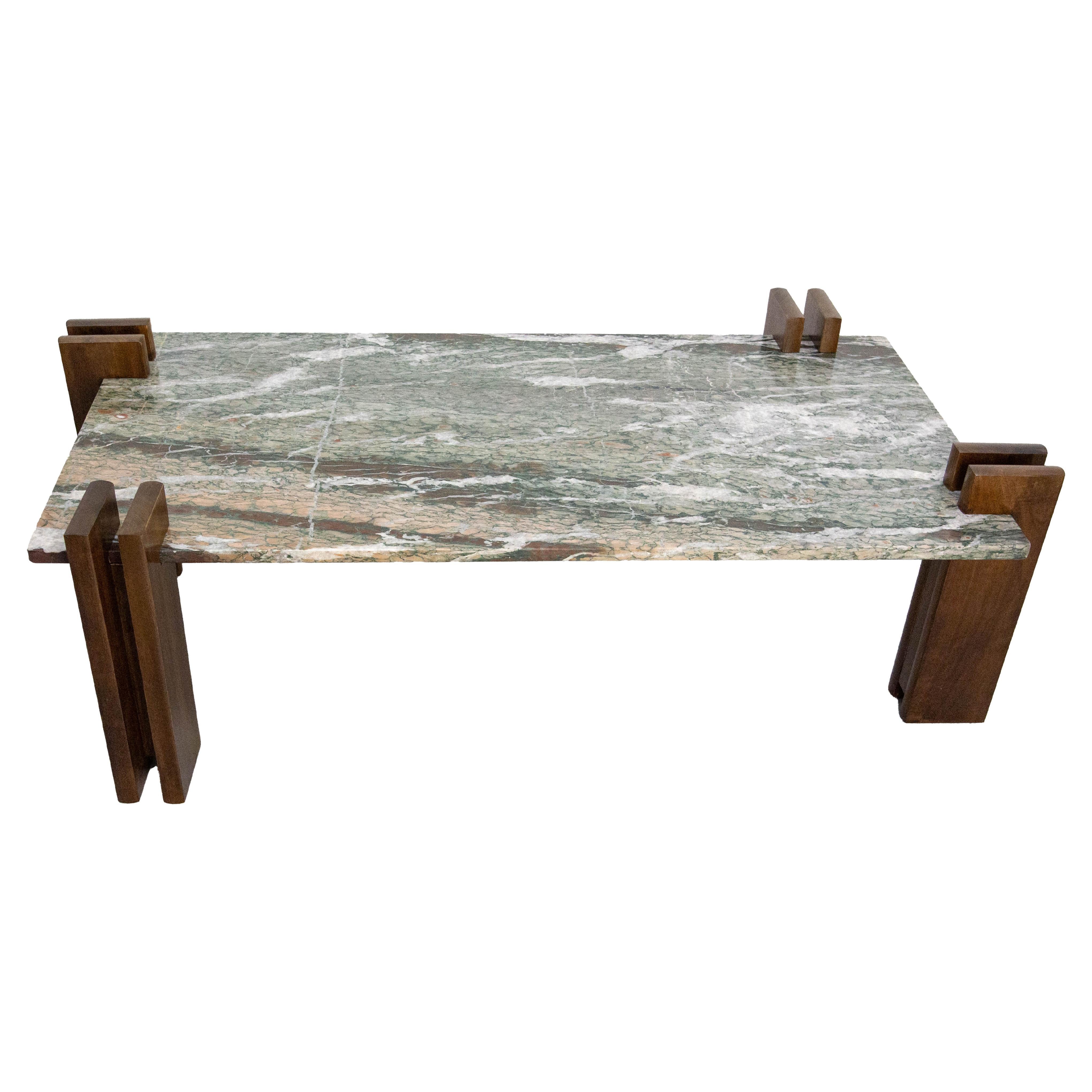 French Marble Top & Walnut Coffee Table Celina Decoracões Style, circa 1960