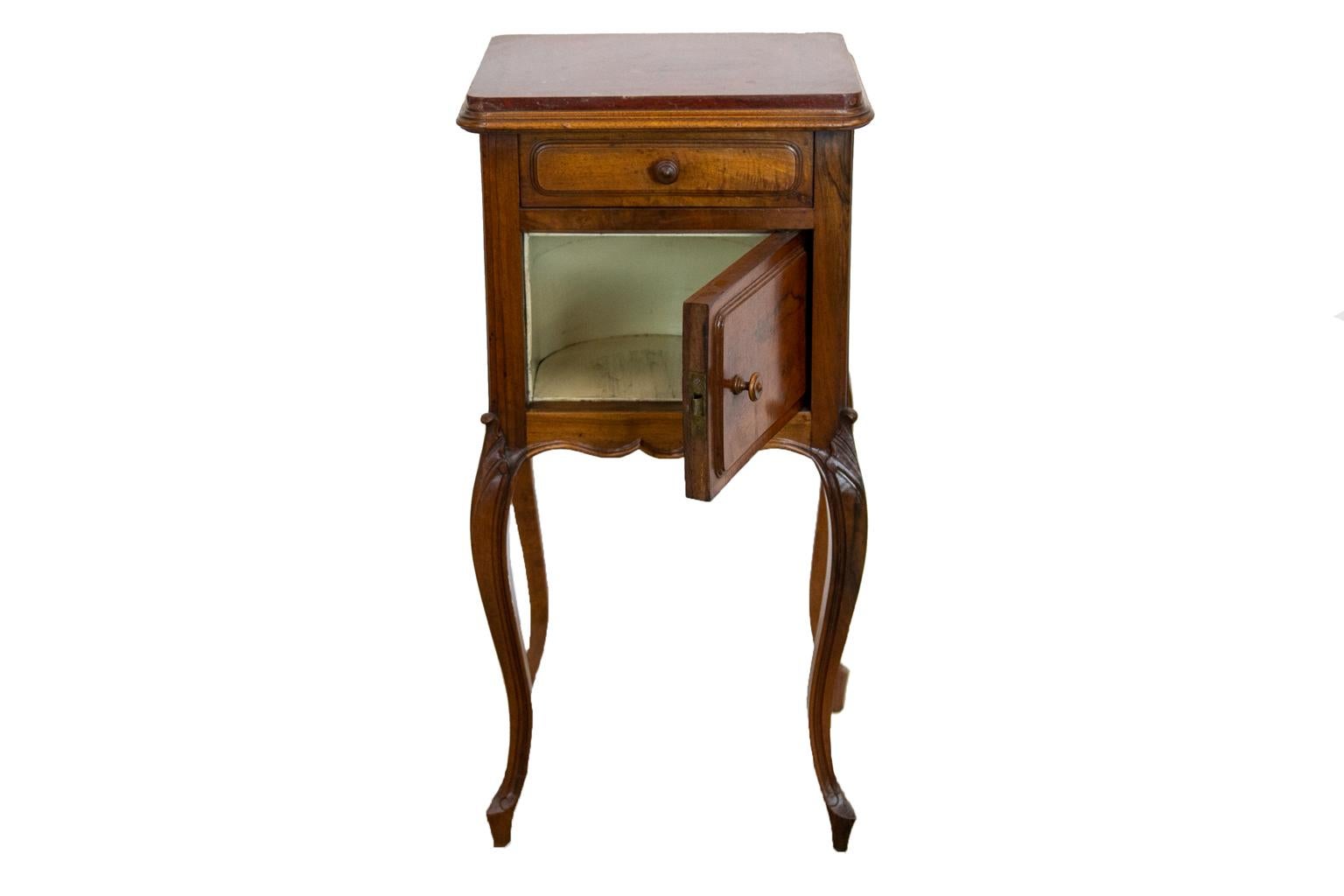 Brass French Marble Top Walnut Night Stand  For Sale
