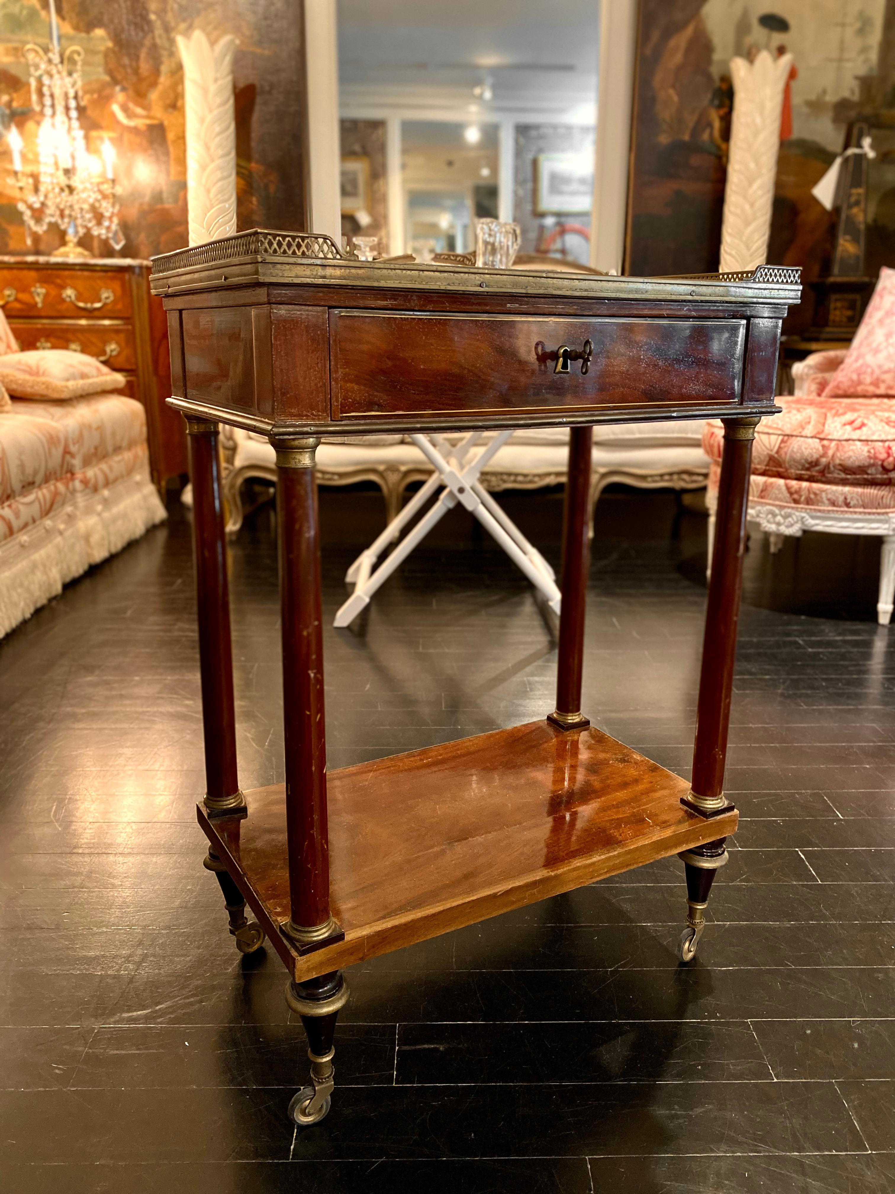 Louis XVI French Marble Top Writing Table, Tooled-Leather Writing Surface, on Casters For Sale