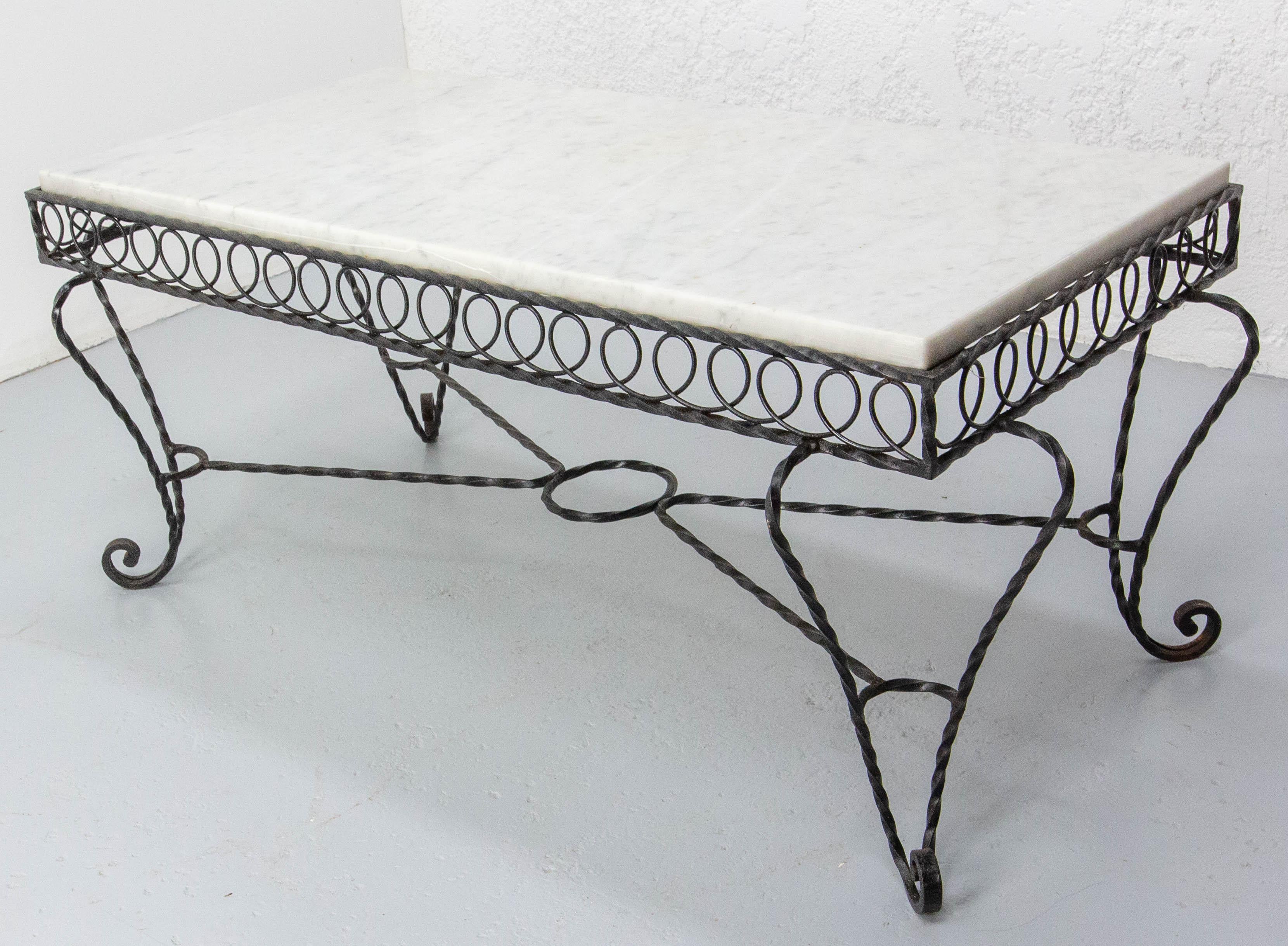 Louis XVI French Marble Top & Wrought Iron Coffee Table, circa 1960 For Sale