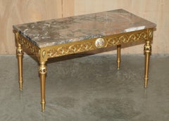 FRENCH MARBLE TOPPED GOLD GiLTWOOD COFFEE TABLE WITH SIGNED PAINTED PARIS PLAQUE