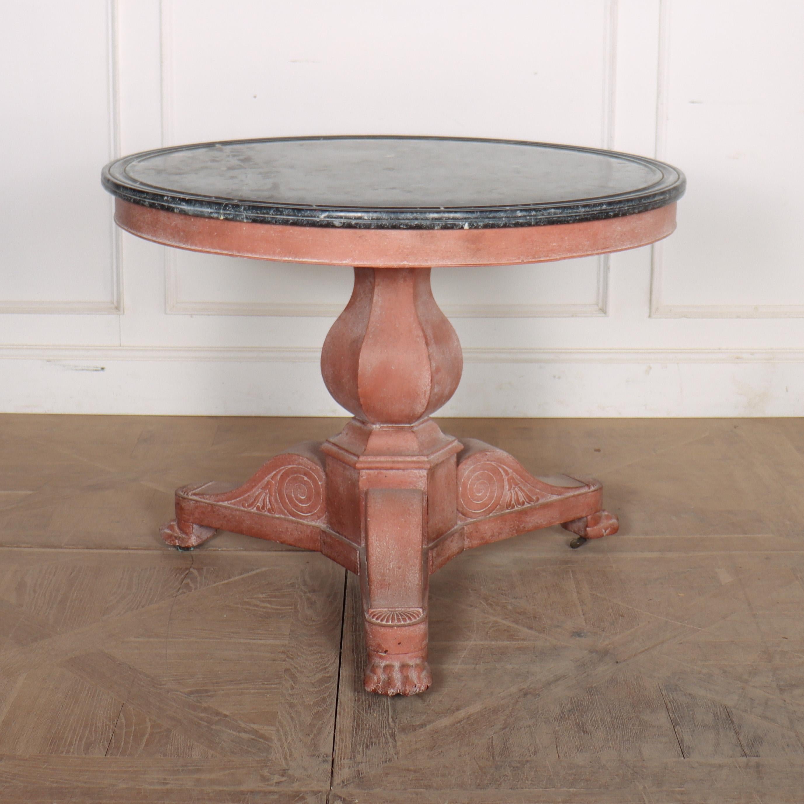 19th Century French marble top Gueridon with mottled salmon paint finish. 1860
Dimensions:
H: 30