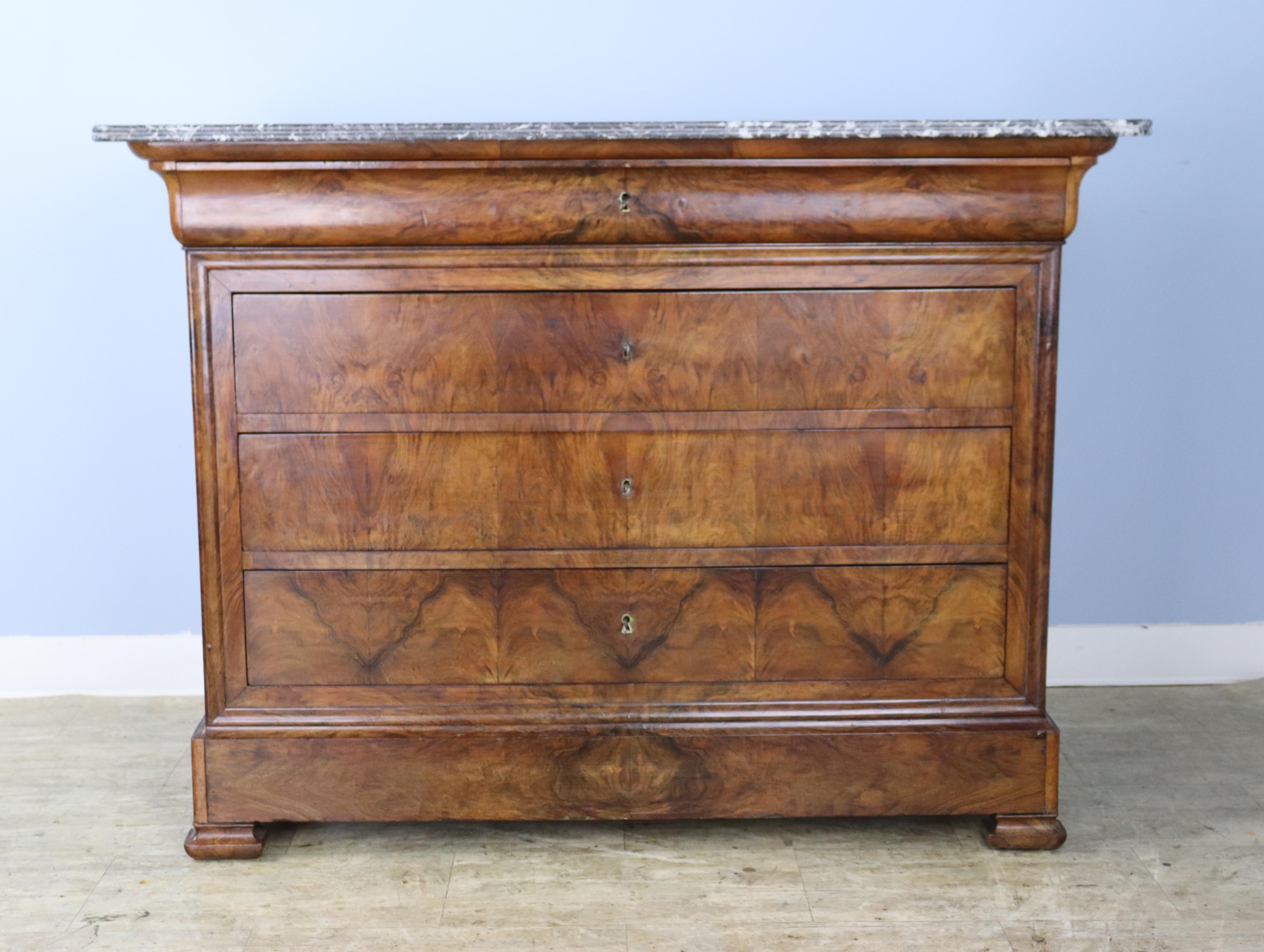 Veneer French Marble Topped Walnut Commode