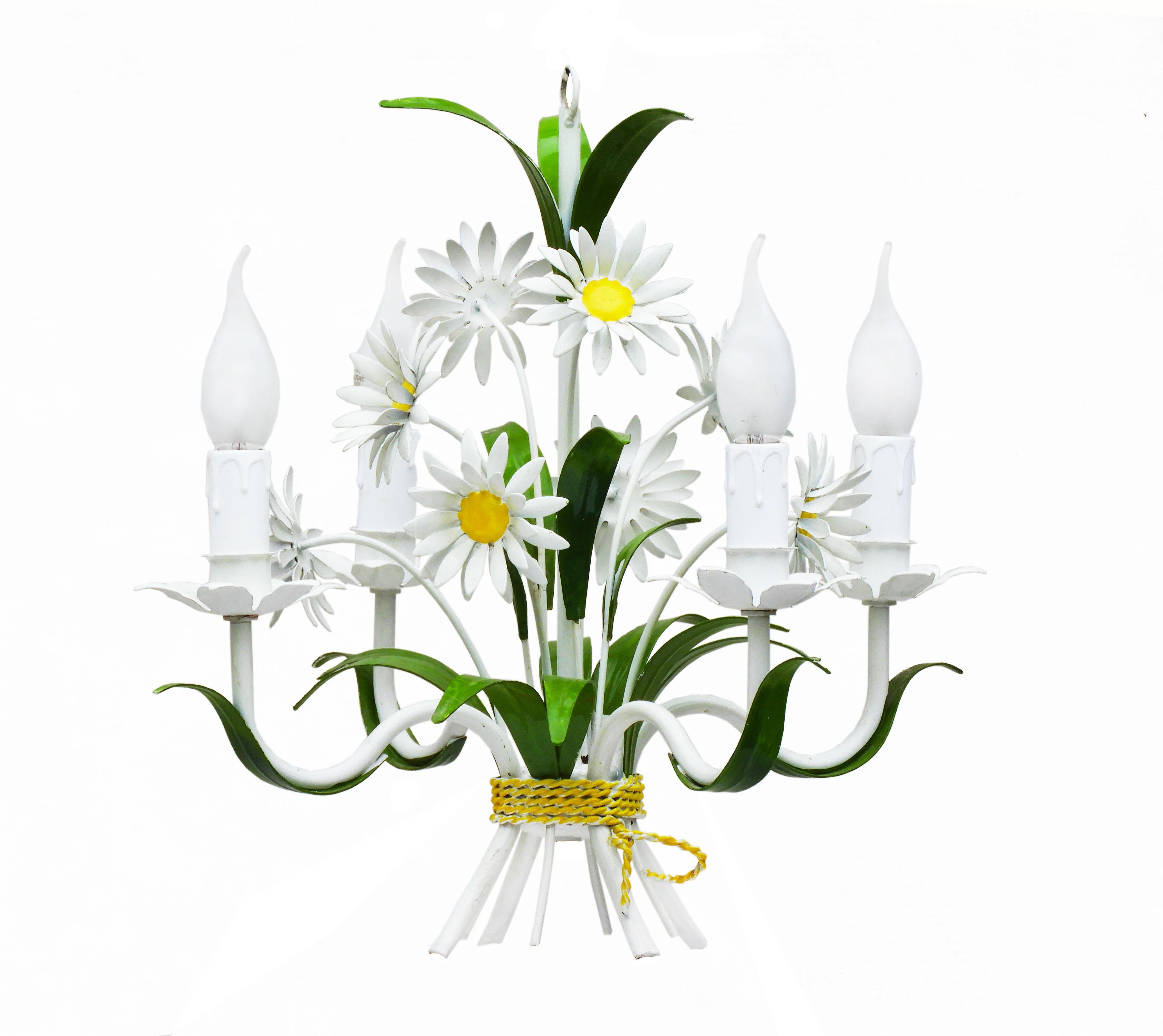 Charming floral 4 light chandelier C1960s France. 
Pretty white and yellow Marguerite Daisy blooms with glossy green foliage, tied off in a posy style bouquet. 
This simple but stylish Tôleware pendant light chandelier is in very good original