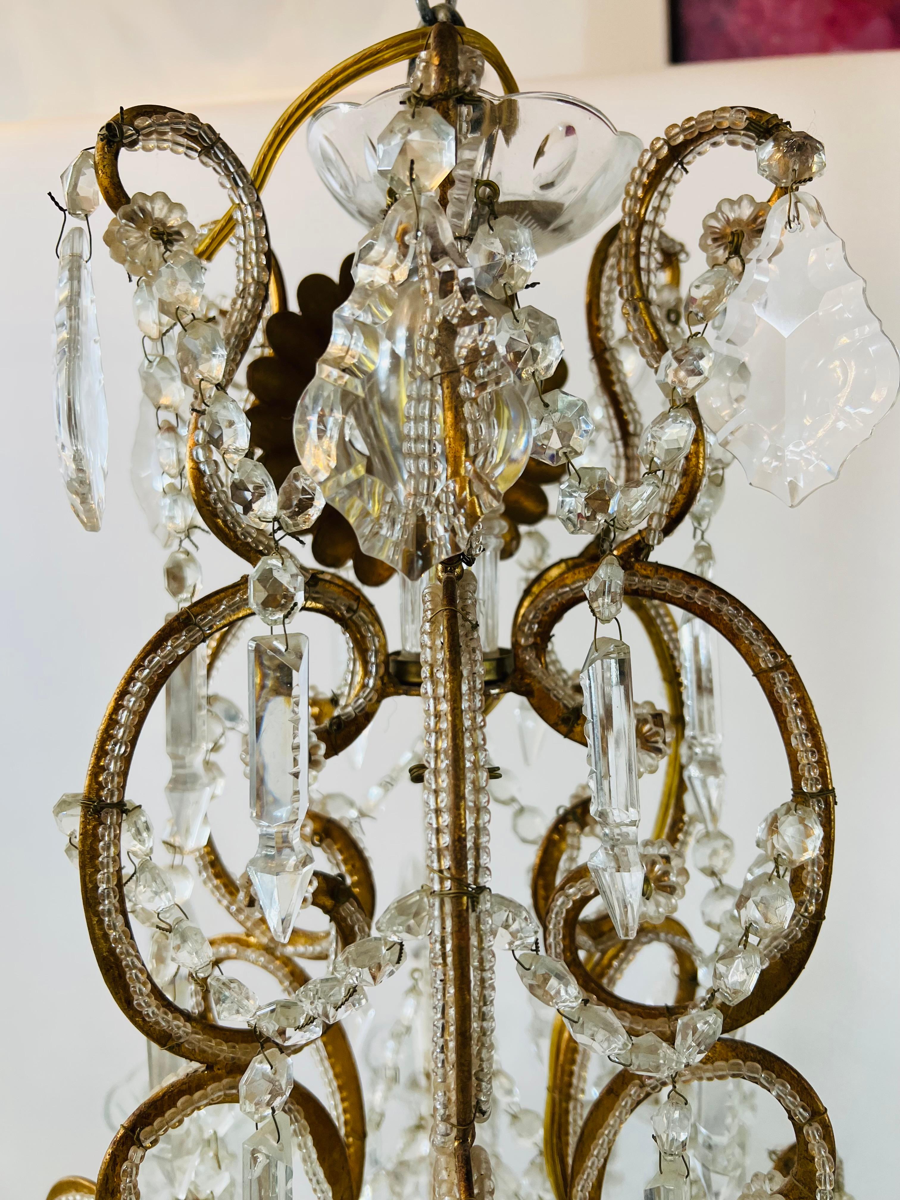 Brass French Marie Therese Hollywood Regency Style Cut Crystal Chandelier, 12 Arms