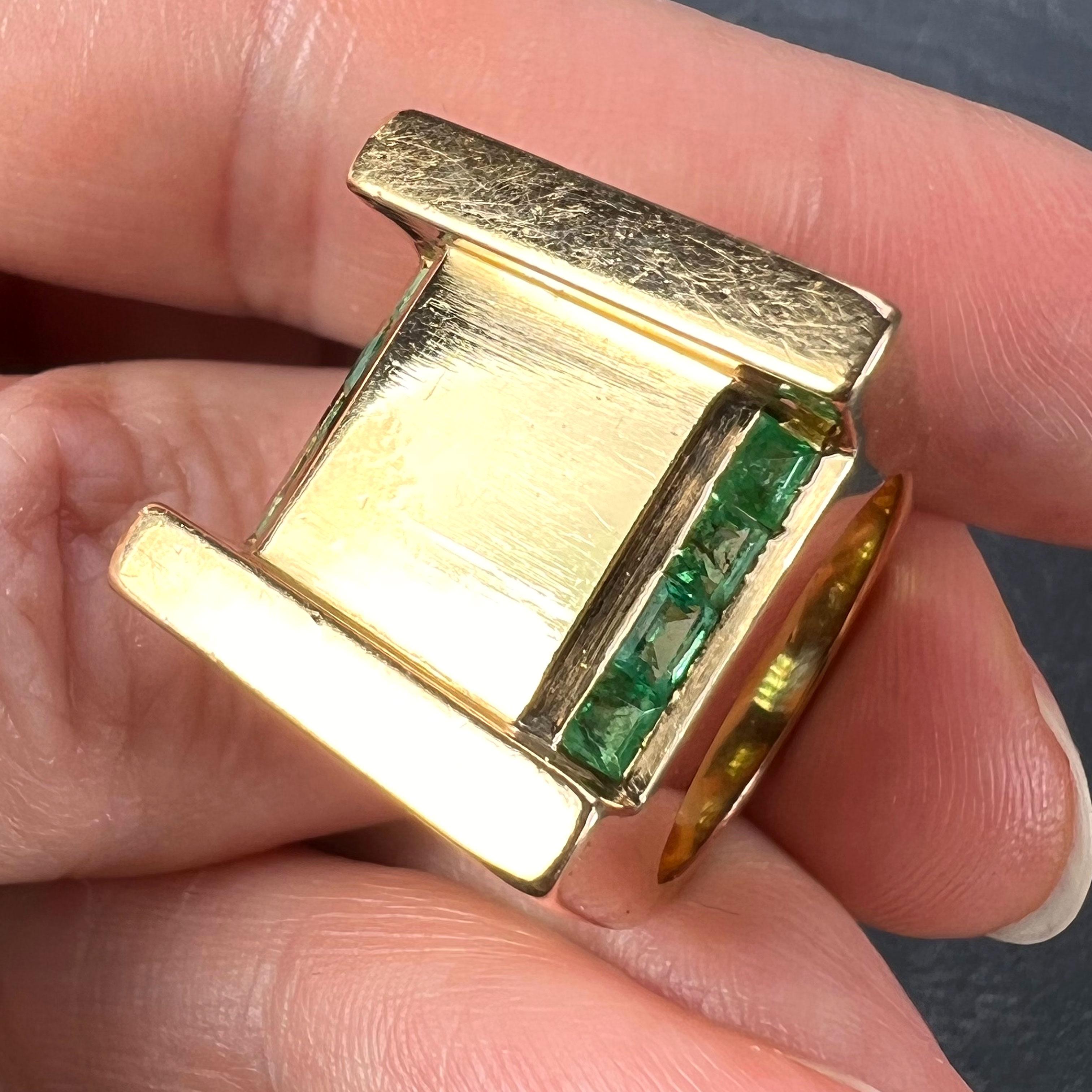 French Marin Paris Green Emerald 18 Karat Yellow Gold Tank Pinky Ring For Sale 5