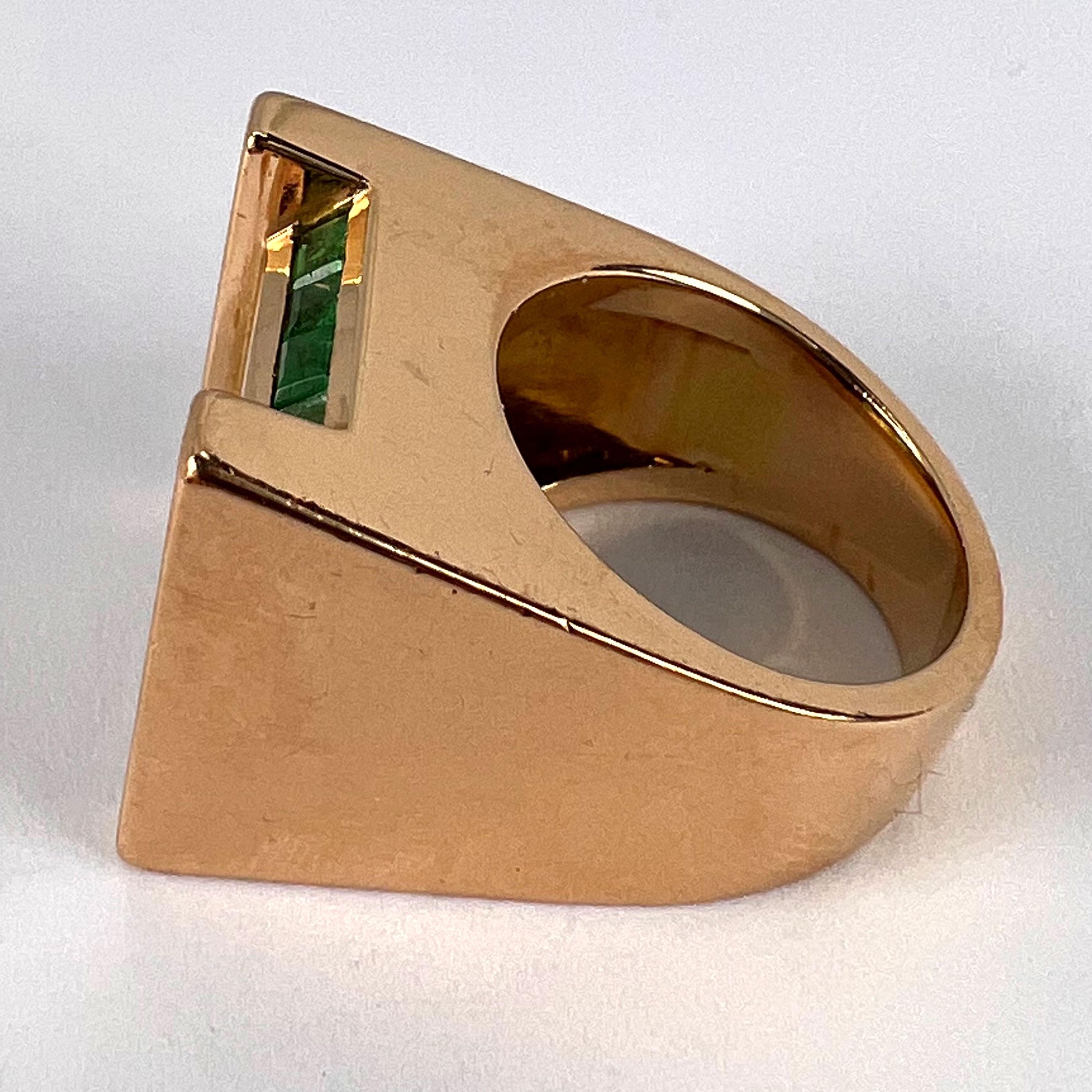 Emerald Cut French Marin Paris Green Emerald 18 Karat Yellow Gold Tank Pinky Ring For Sale