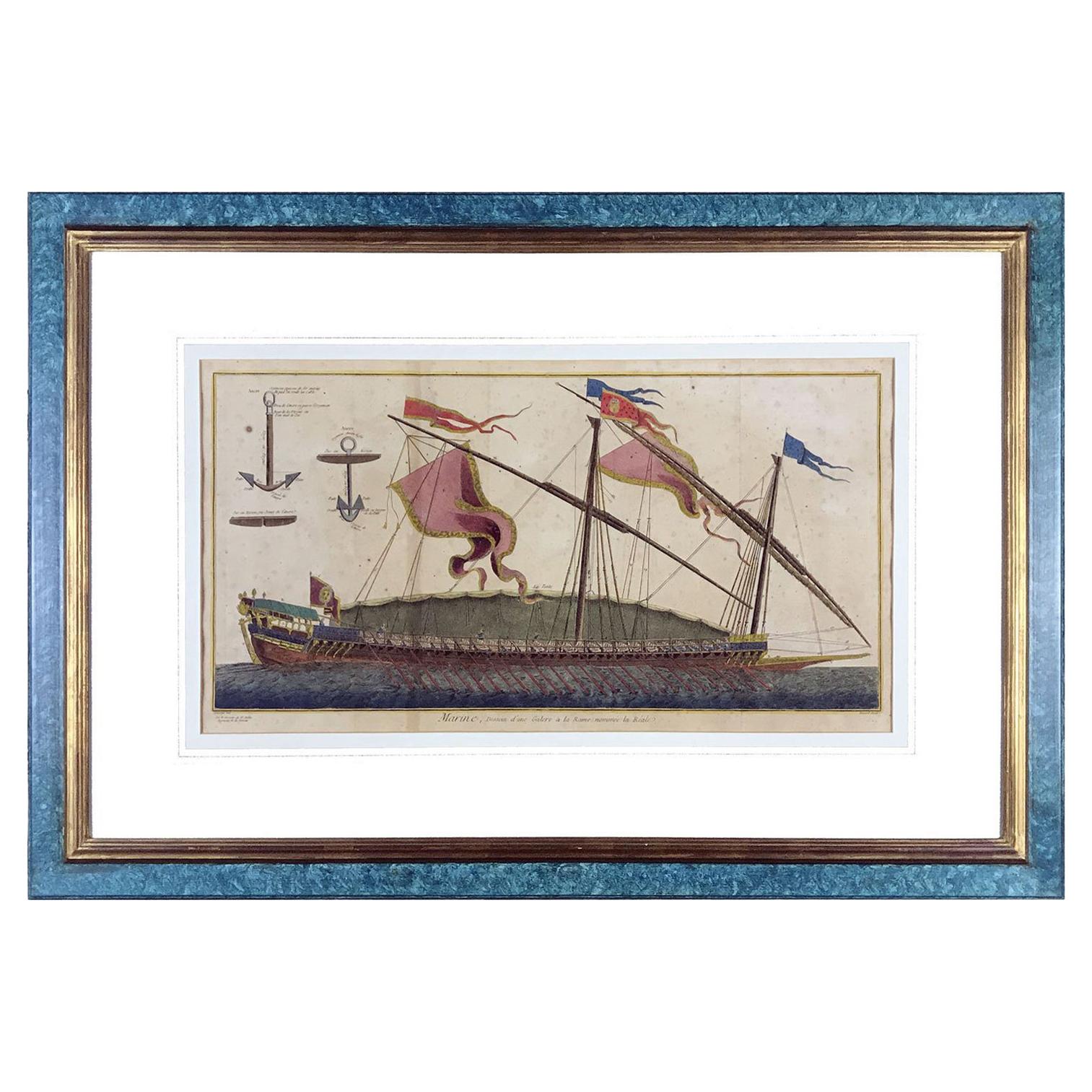 French Marine 1772 Engraving Nautical Paris Diderot Benard Etching Blue Frame