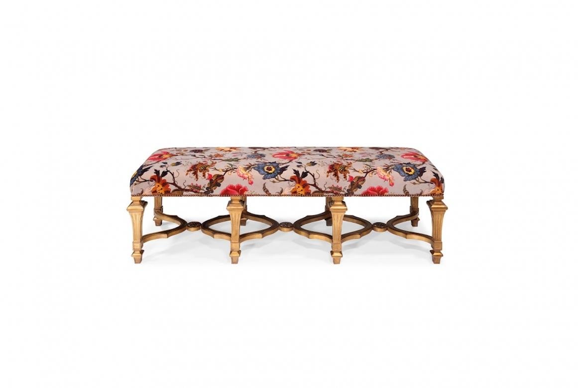A stunning French Marion Louis XIV ottoman stool, 20th century.

Incredible Louis XIV ottoman, entirely handmade and carved by hand in our workshop in Europe. Shown in Gold Leaf, it can be finished in over 35 wood finishes from our