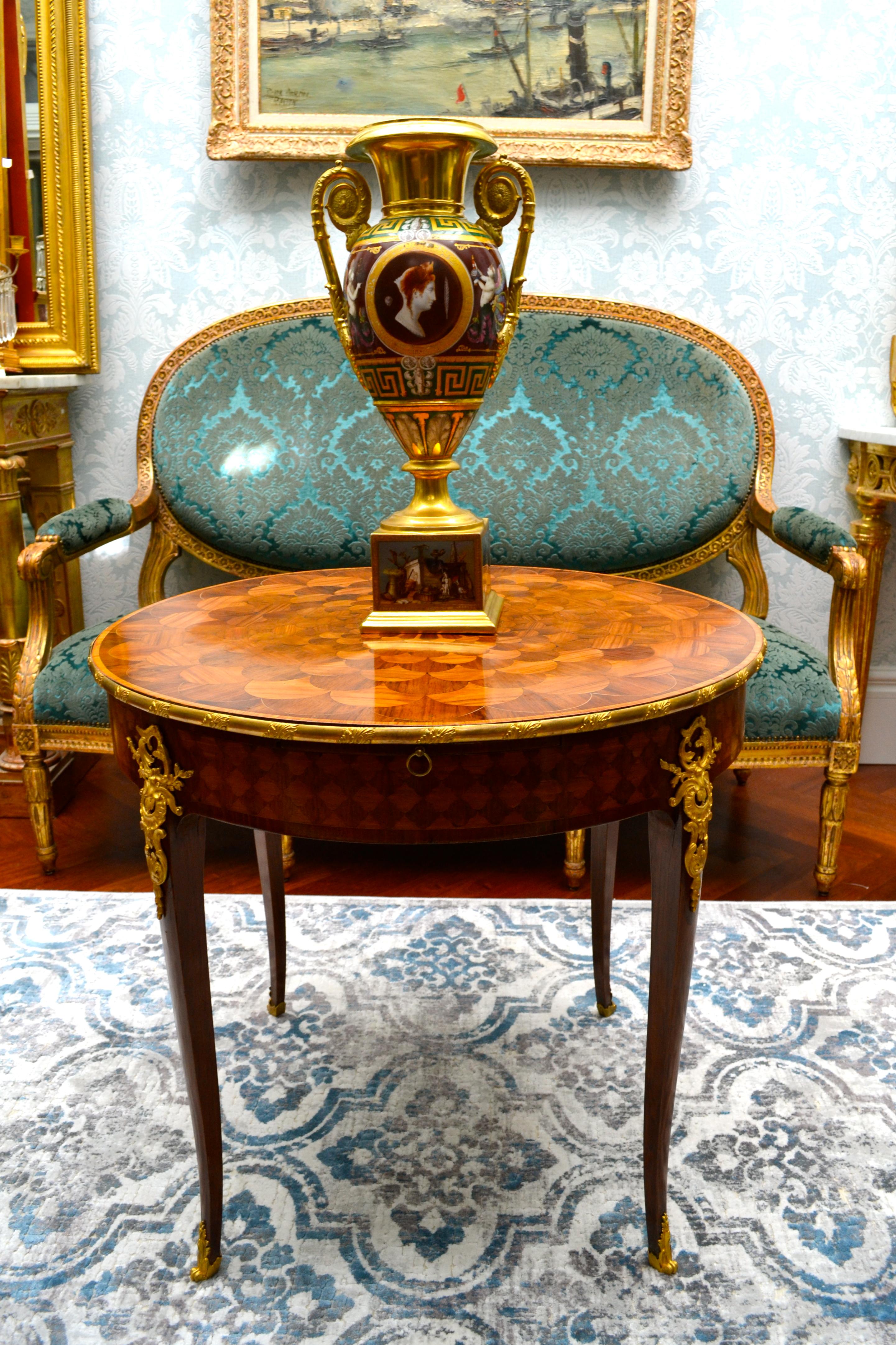 19th Century French, Marquetry and Gilt Bronze Round Centre Table Attributed to Linke
