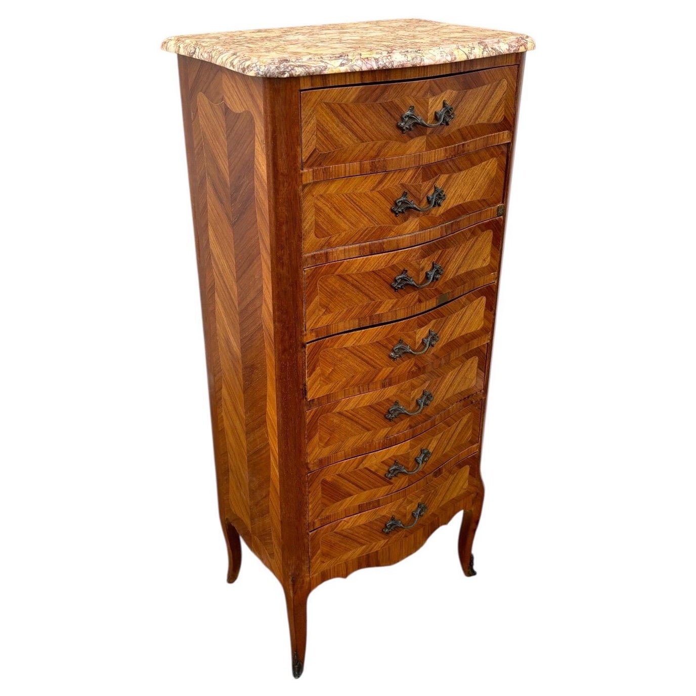 French Marquetry And Marble Top Tall Chest Of Seven Drawers