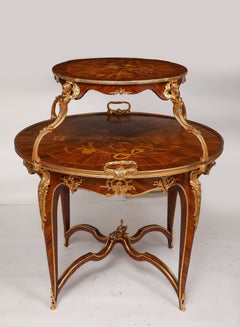 French Marquetry and Parquetry Ormolu Mounted Two-Tier Tea Table after F. Linke