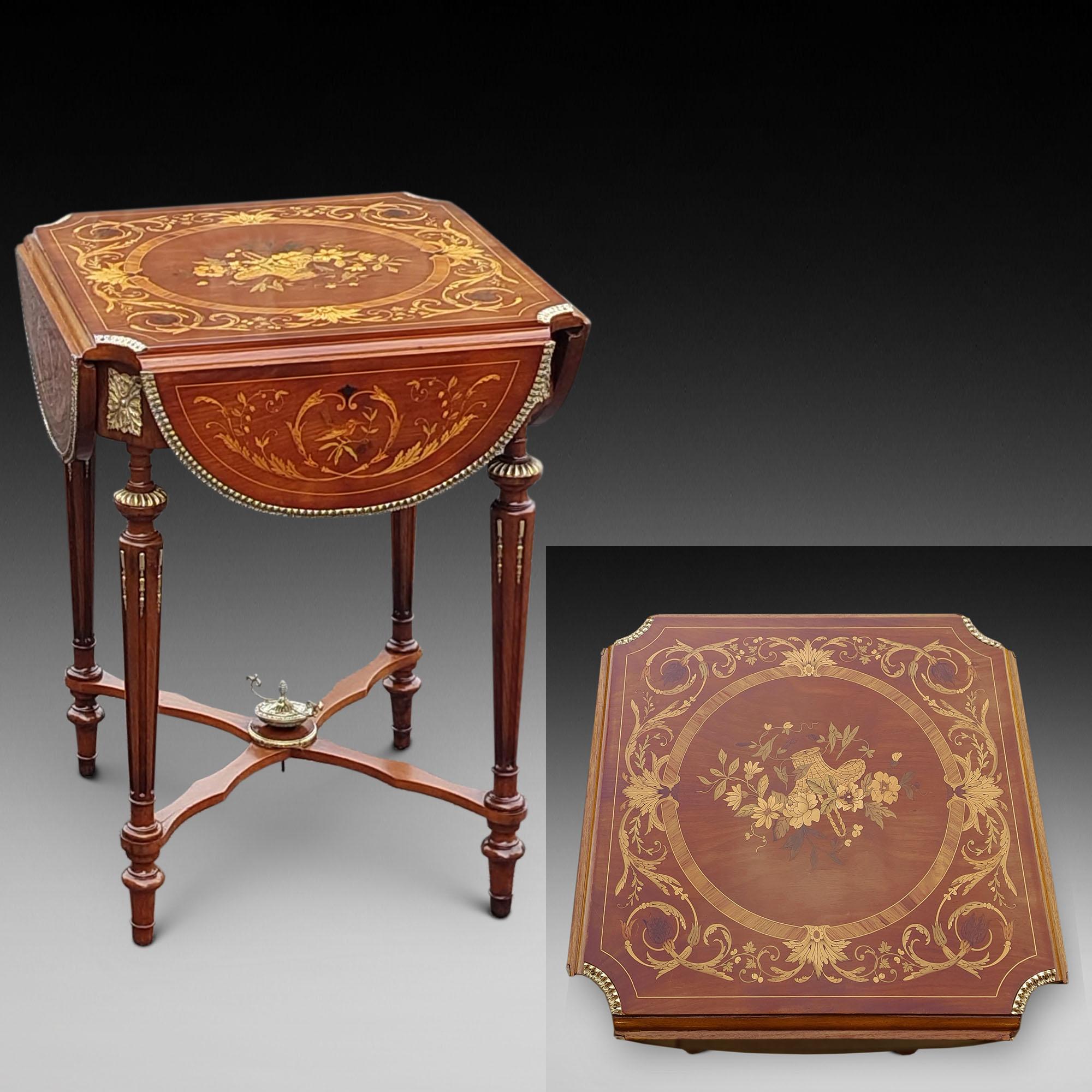 French Marquetry and Walnut Drop-Leaf Center Table c1900 For Sale 4