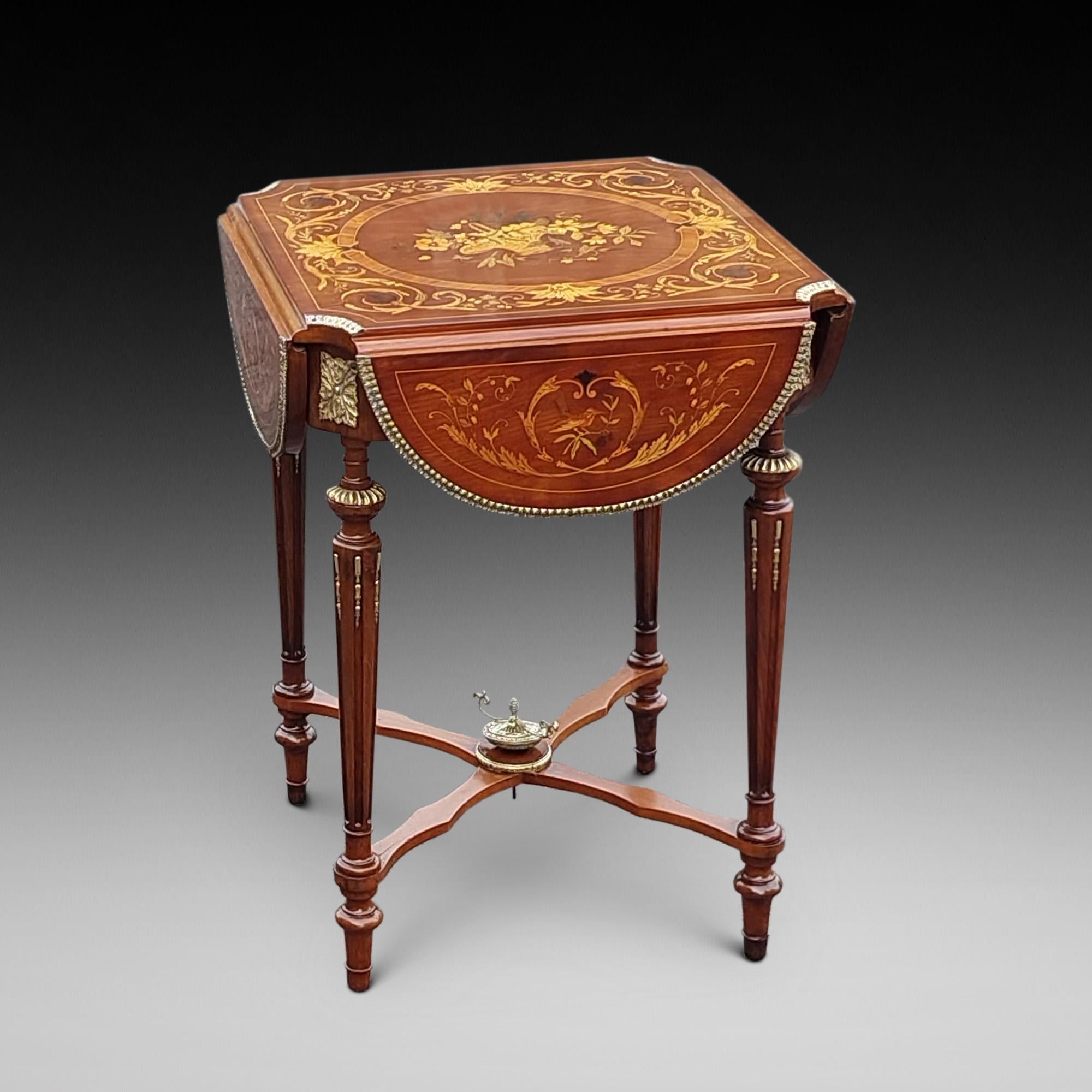 French Marquetry and Walnut Drop-Leaf Center Table c1900 For Sale 3