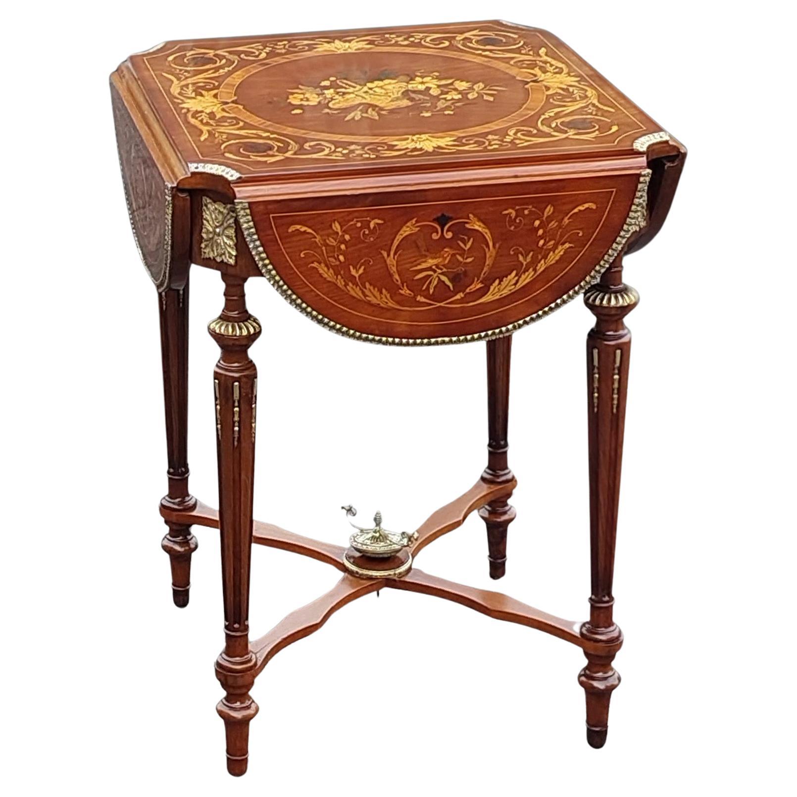 French Marquetry and Walnut Drop-Leaf Center Table c1900 For Sale