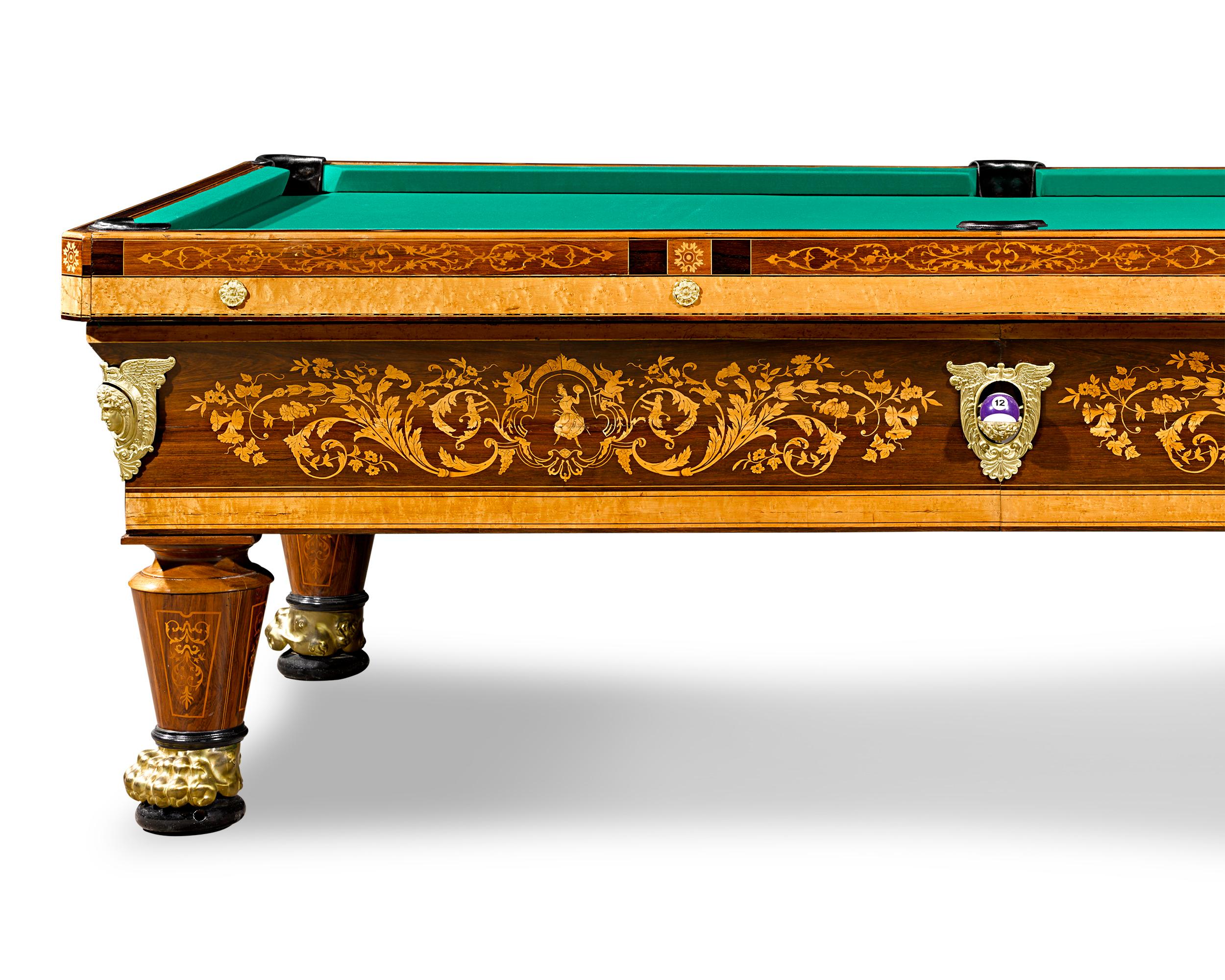 Beautifully constructed, this French billiard table was almost certainly made for an aristocratic country house of the 19th century, an age when billiards was a favored pastime of the European elite. Its neoclassical design features intricate wood