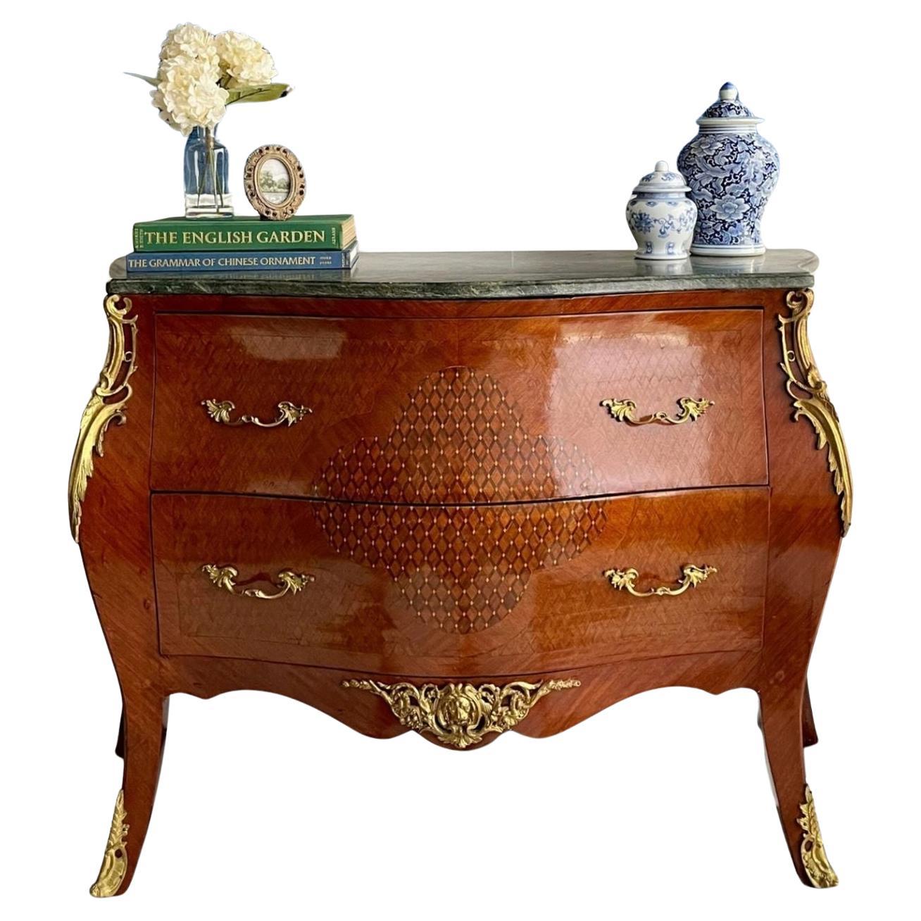French Marquetry Bombe Commode Chest with Green Marble Top 
Gilt Brass