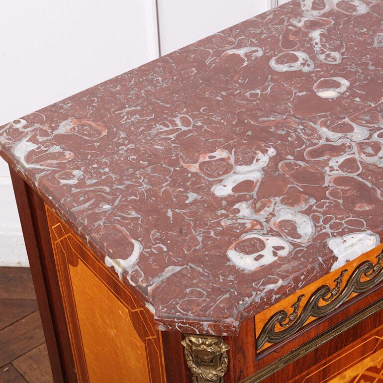 Marble French Marquetry Commode For Sale