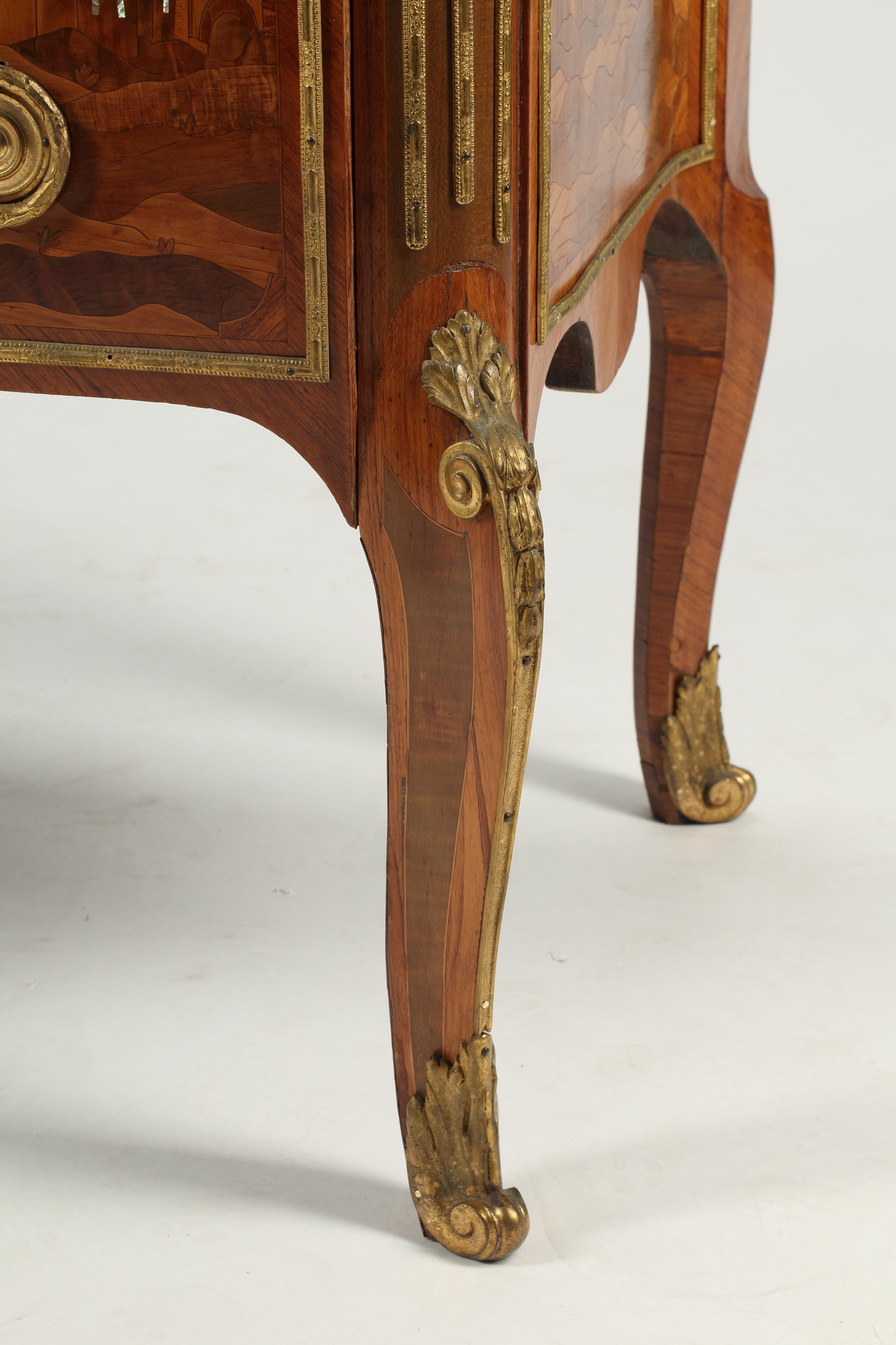 Fruitwood French Marquetry Commode with Marble Top, 19th Century, Signed For Sale