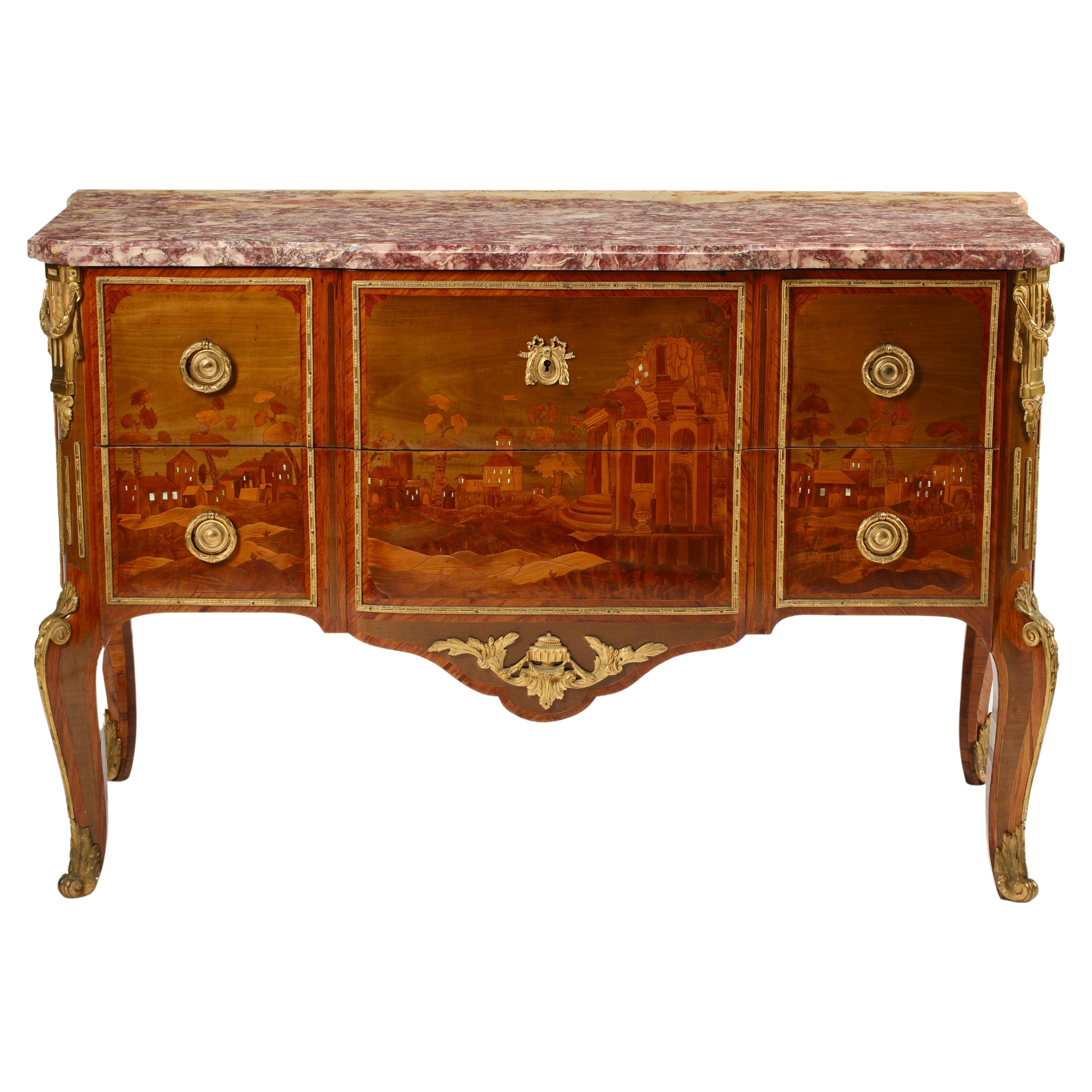 French Marquetry Commode with Marble Top, 19th Century, Signed For Sale