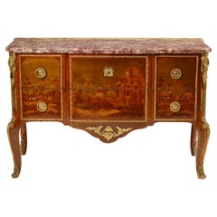 French Marquetry Commode with Marble Top, 19th Century, Signed