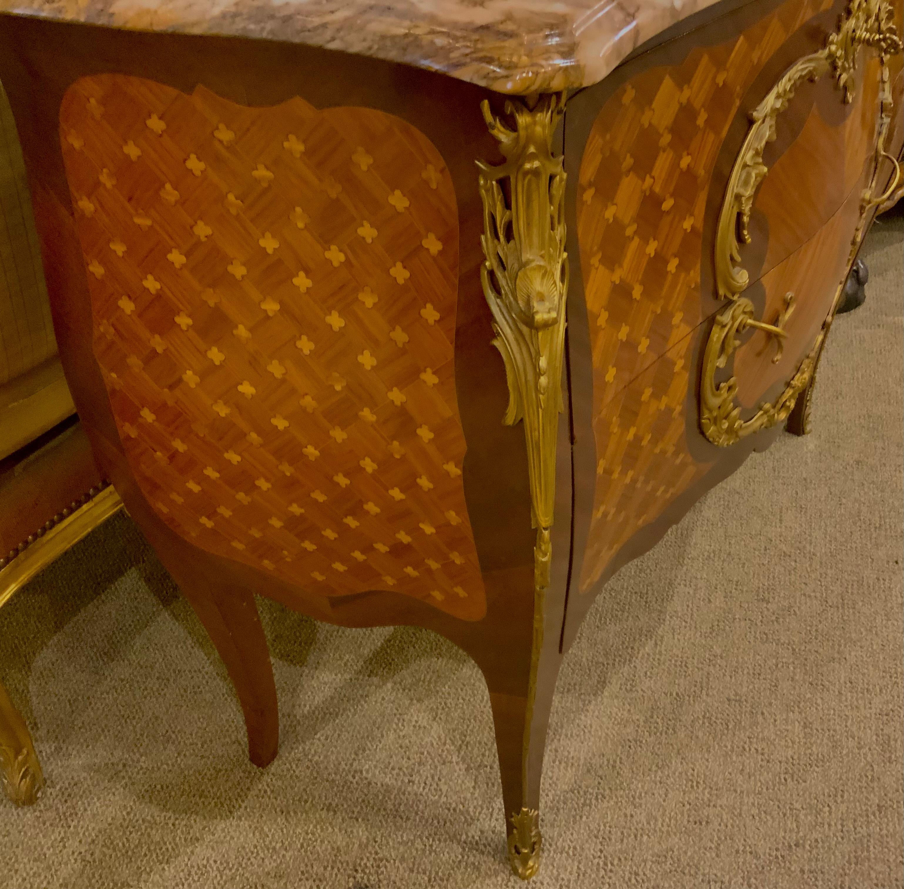 French marquetry commode with marble top and bronze mounts In Excellent Condition For Sale In Houston, TX