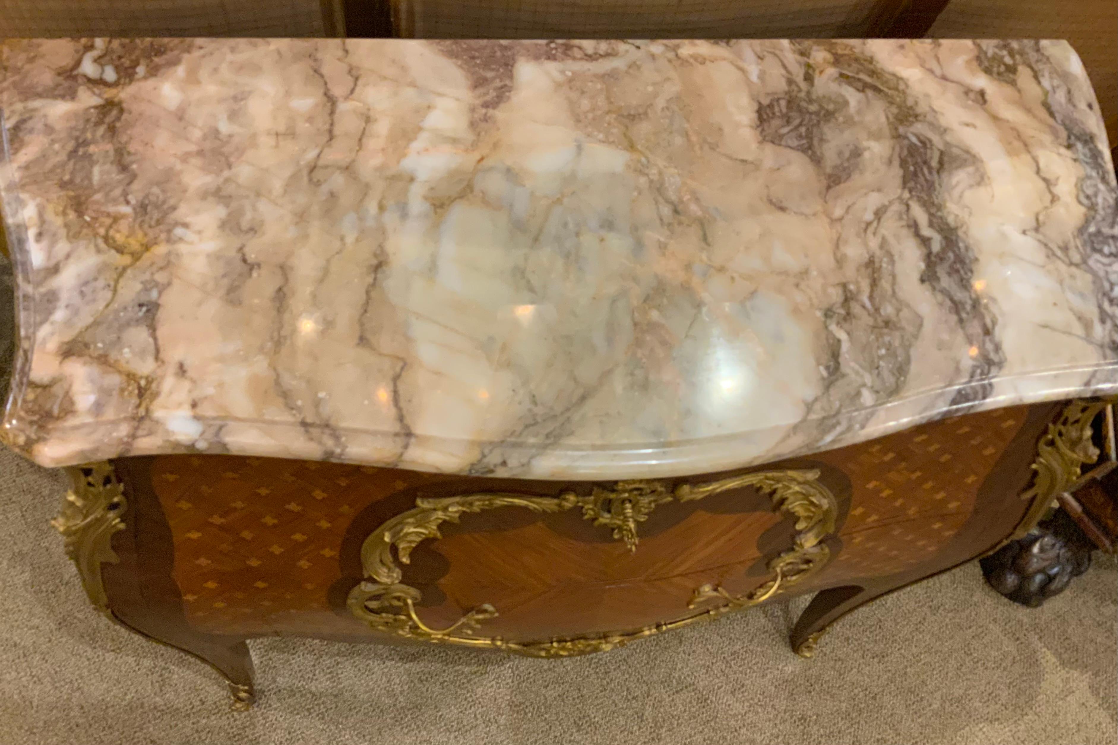 20th Century French marquetry commode with marble top and bronze mounts For Sale