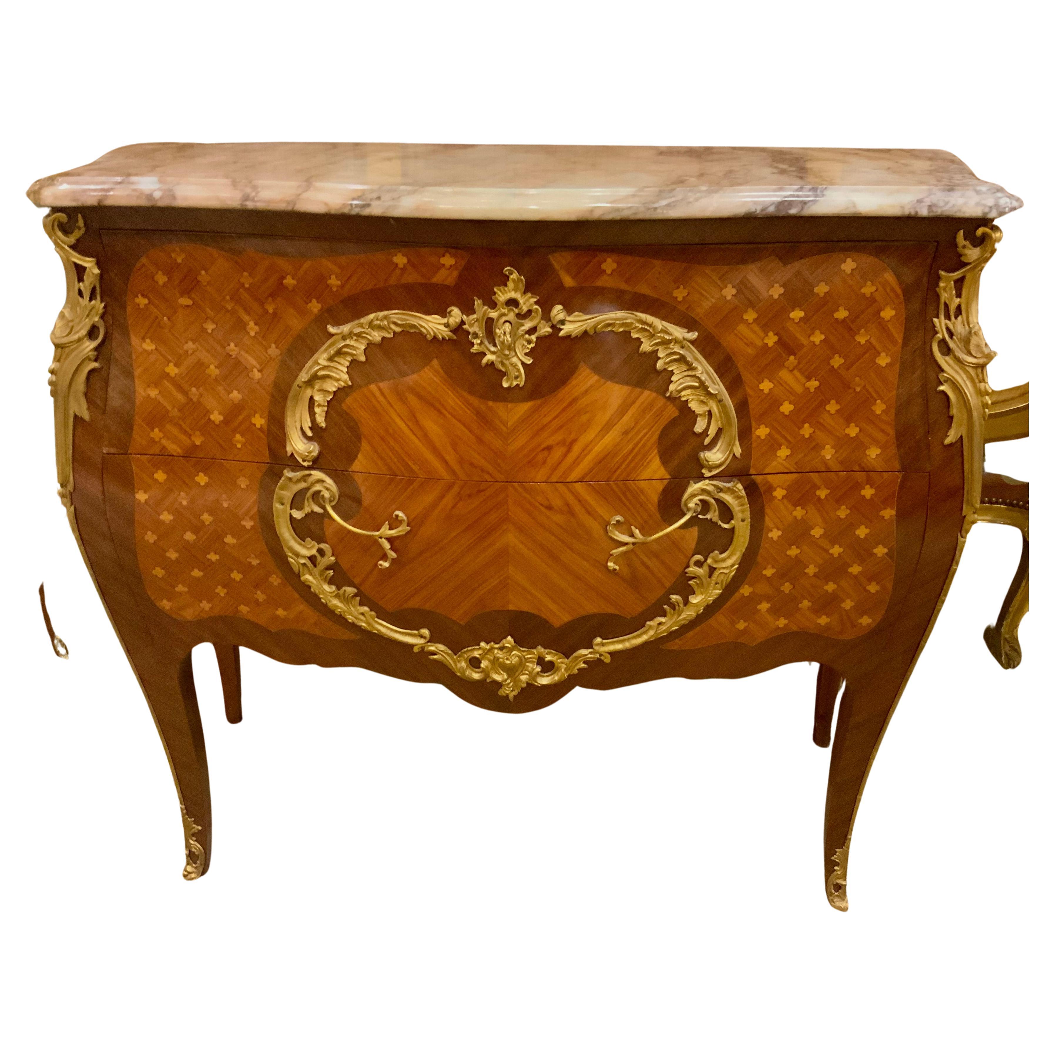 French marquetry commode with marble top and bronze mounts For Sale