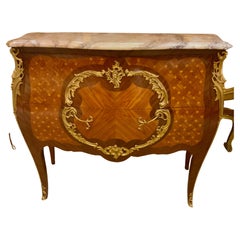 Antique French marquetry commode with marble top and bronze mounts