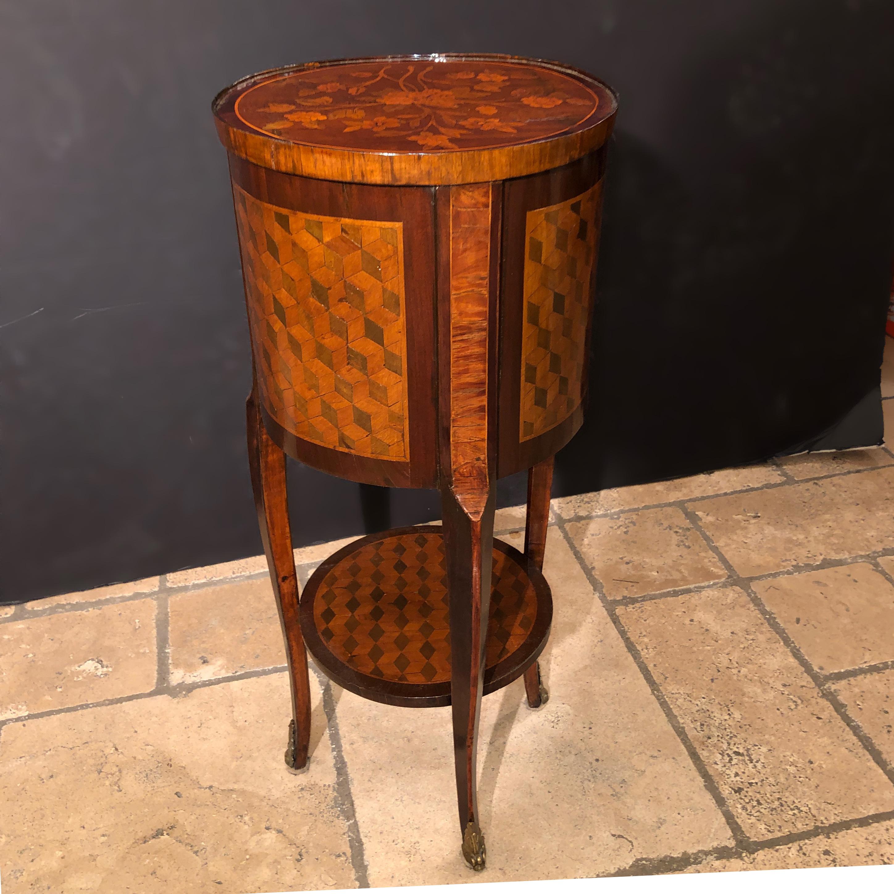 Wood French Marquetry Cylinder Table